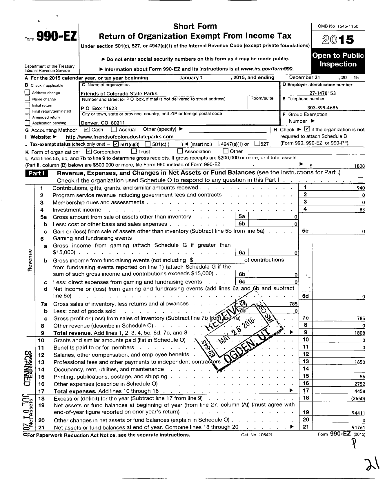 Image of first page of 2015 Form 990EZ for The Friends of Colorado State Parks