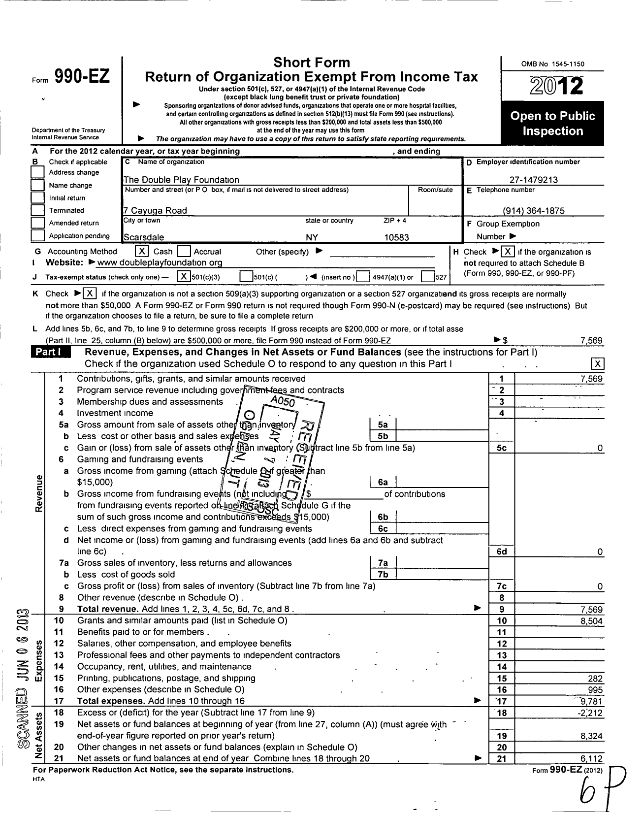 Image of first page of 2012 Form 990EZ for Double Play Foundation