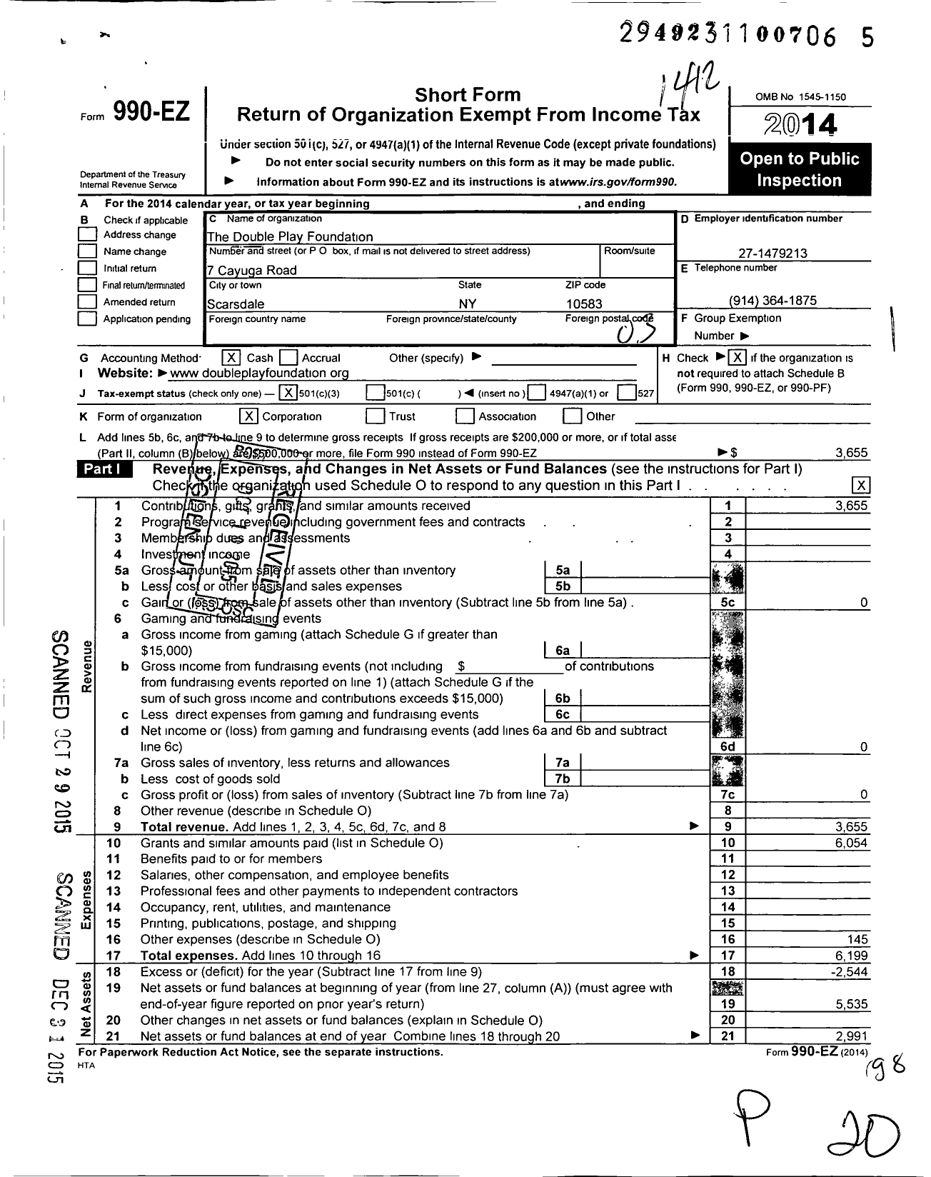 Image of first page of 2014 Form 990EZ for Double Play Foundation