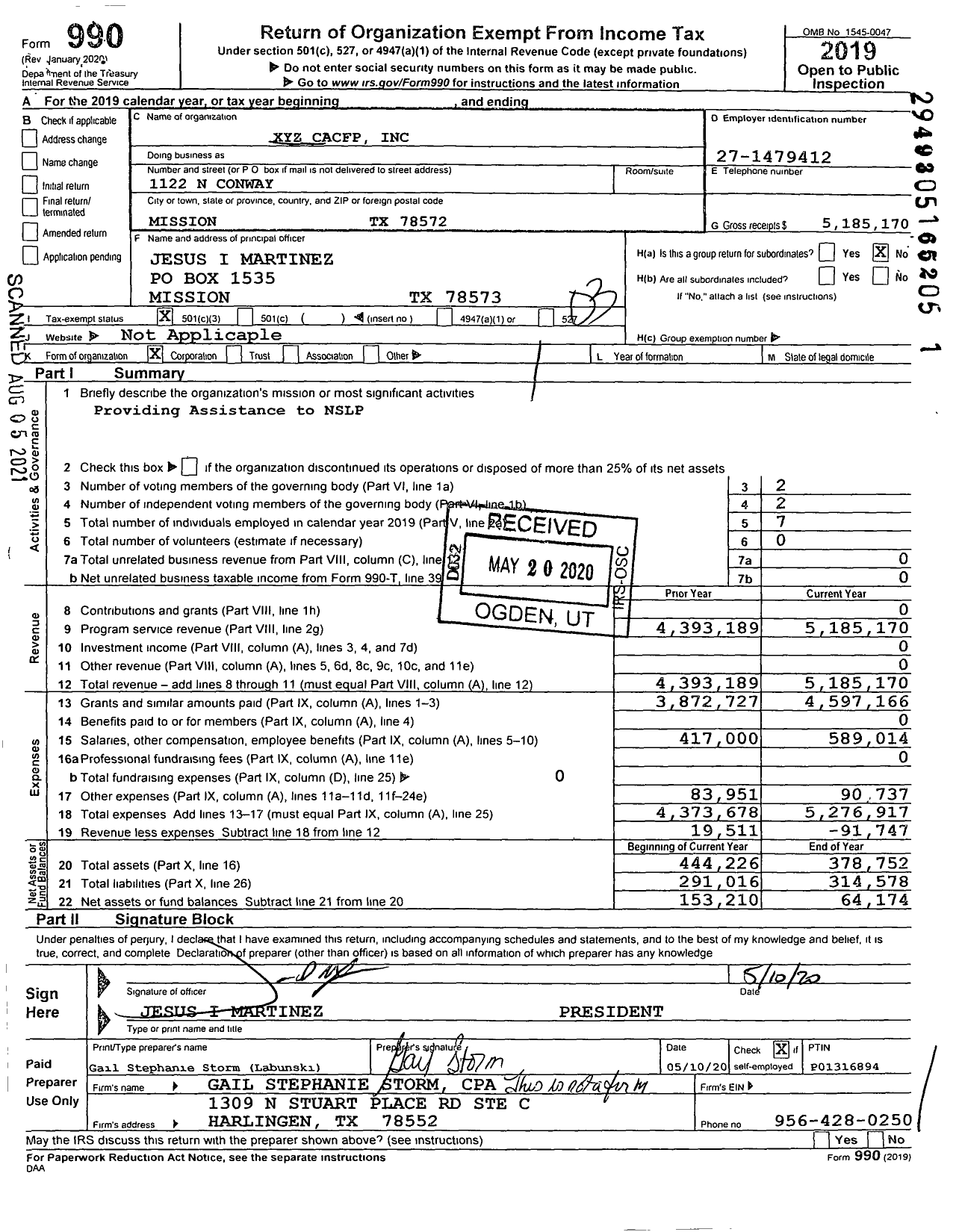 Image of first page of 2019 Form 990 for Xyz Cacfp Incorporation