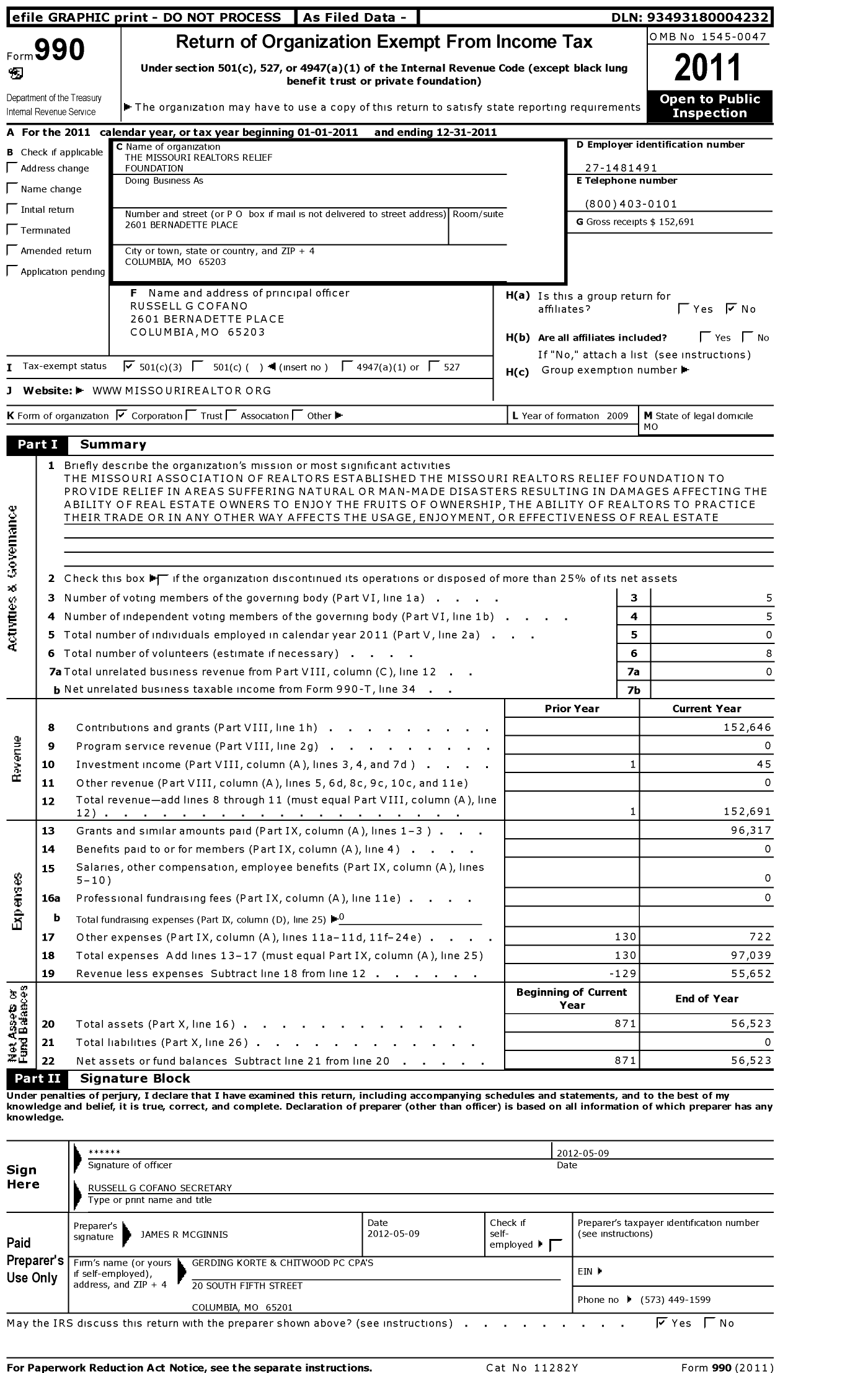 Image of first page of 2011 Form 990 for Missouri Realtors Relief Foundation