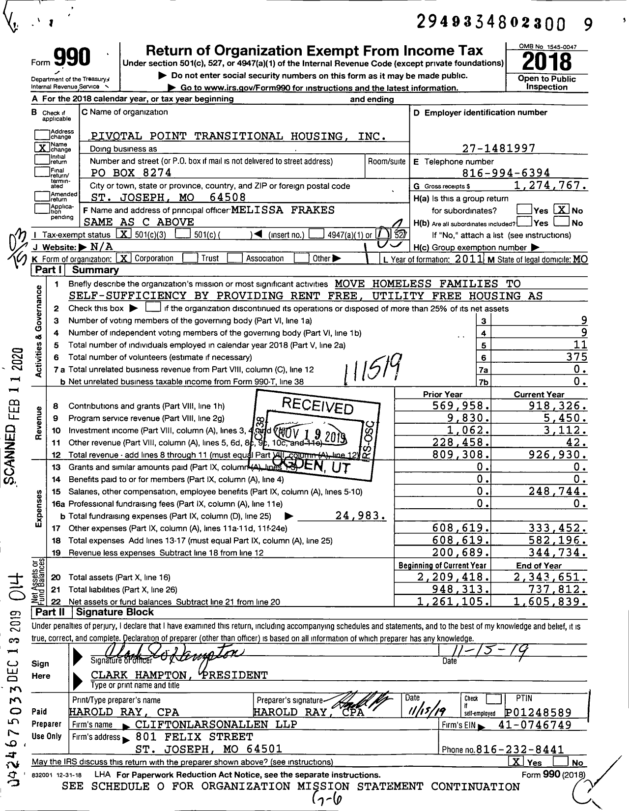 Image of first page of 2018 Form 990 for Pivotal Point Transitional Housing