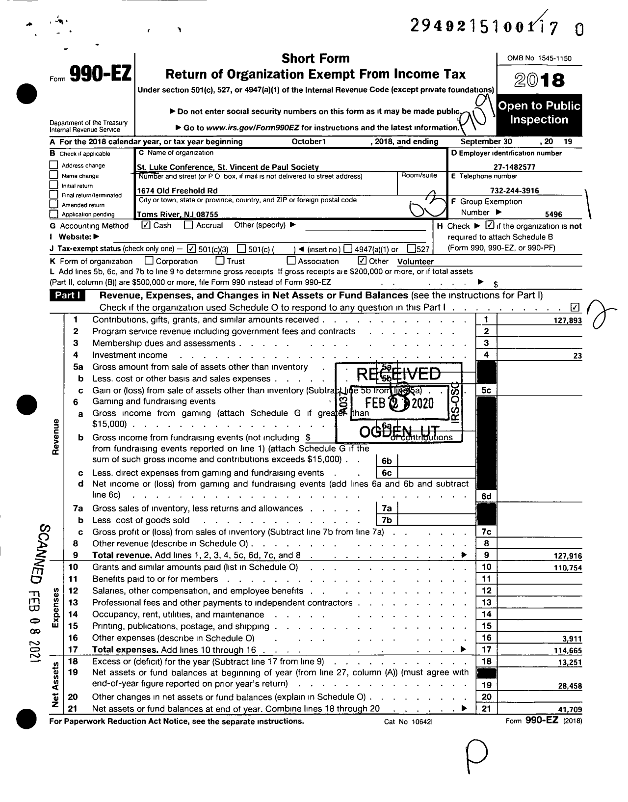 Image of first page of 2018 Form 990EZ for St Luke Conference