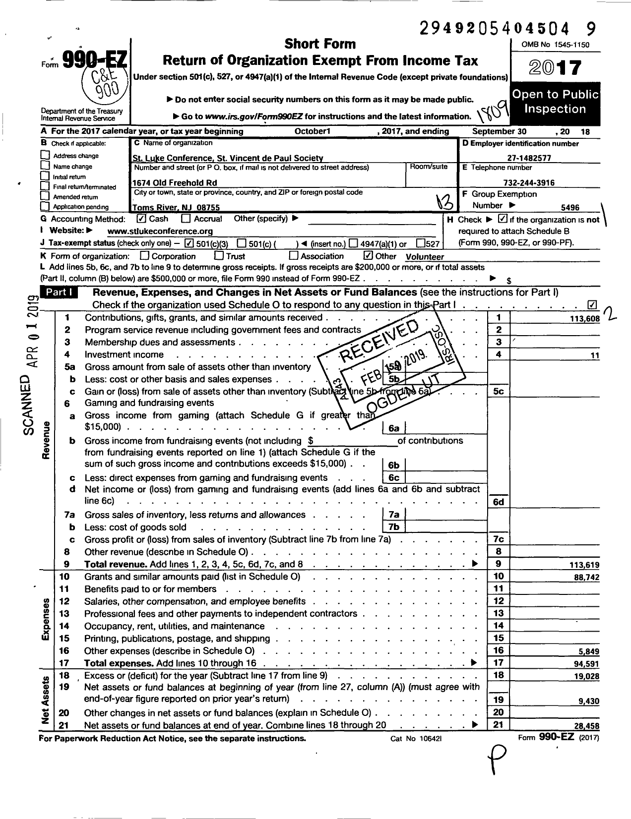 Image of first page of 2017 Form 990EZ for St Luke Conference