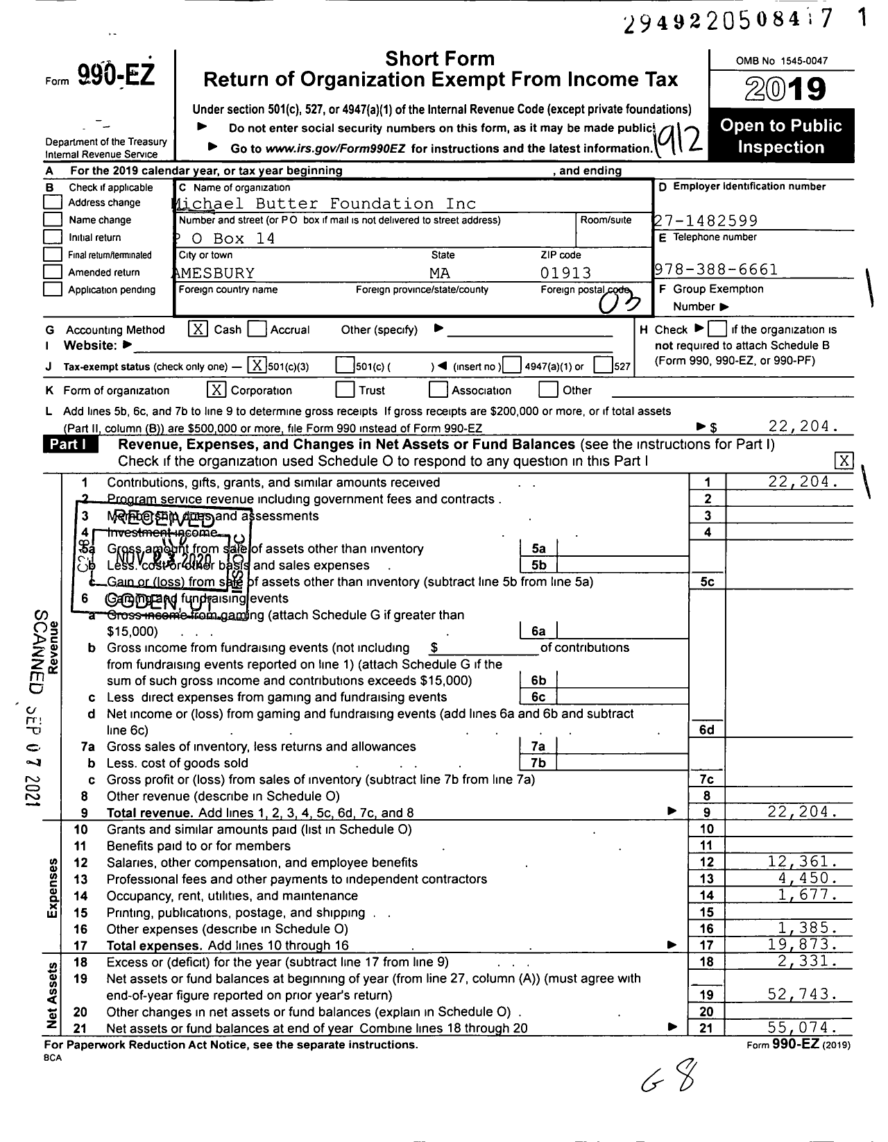 Image of first page of 2019 Form 990EZ for Michael Butter Foundation