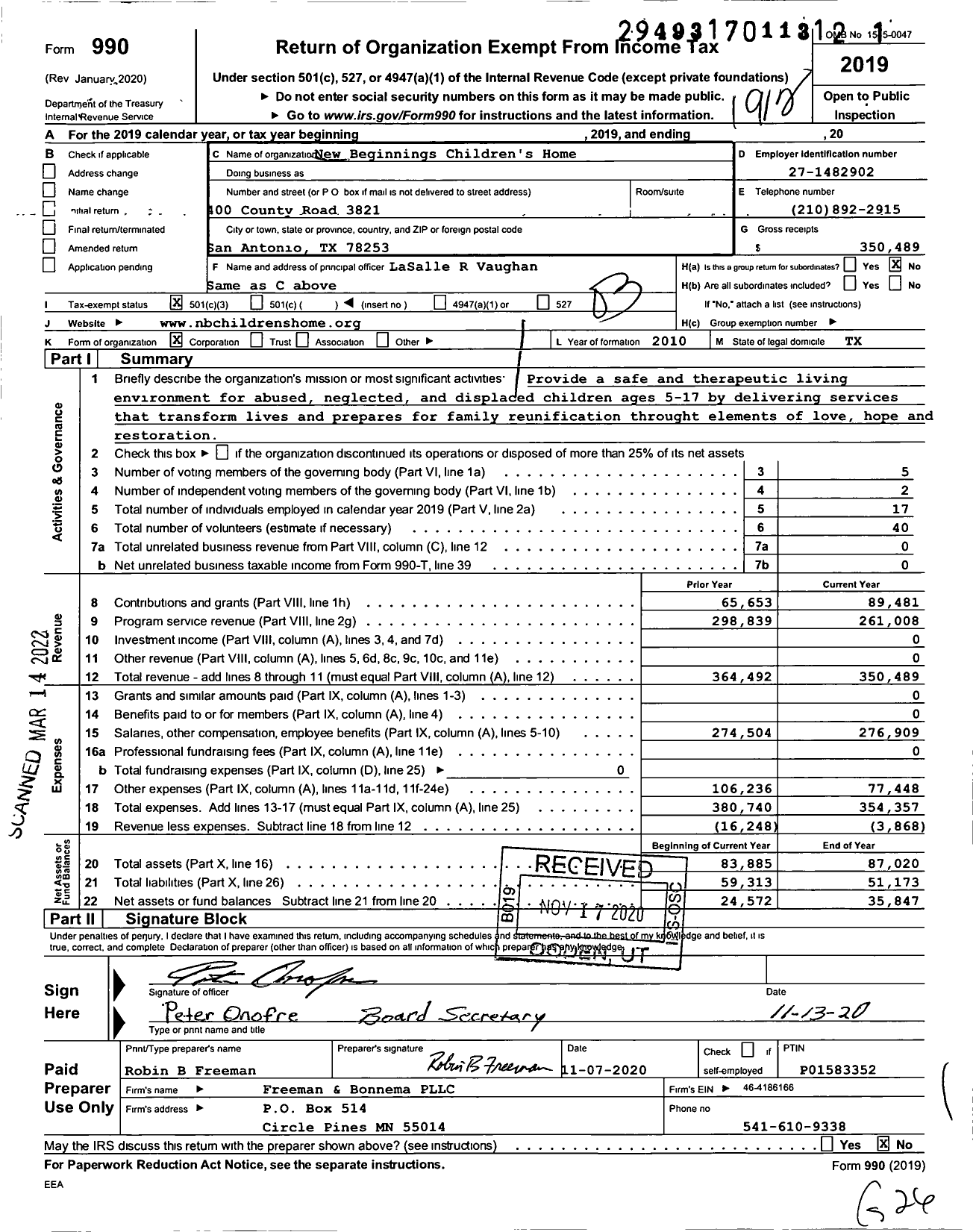 Image of first page of 2019 Form 990 for New Beginnings Childrens Home