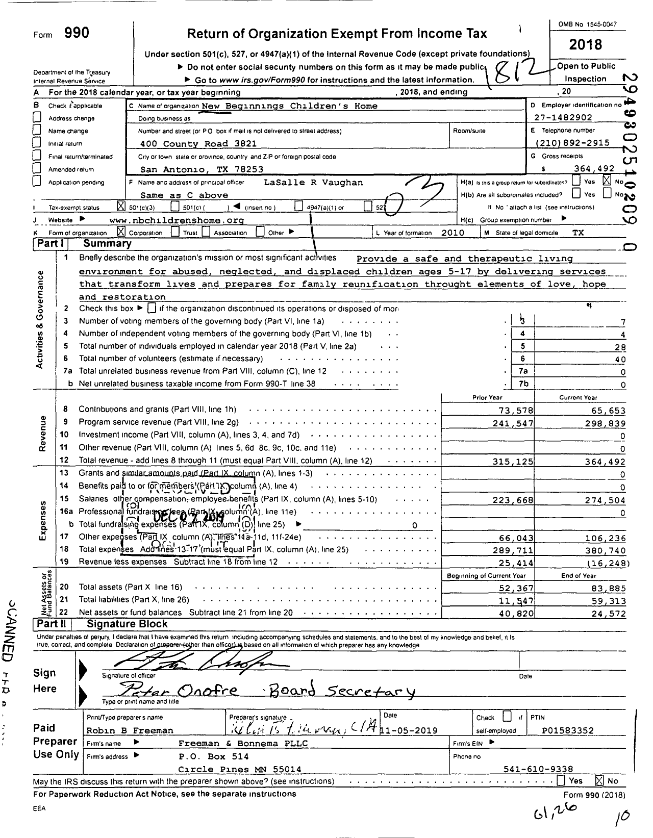 Image of first page of 2018 Form 990 for New Beginnings Childrens Home