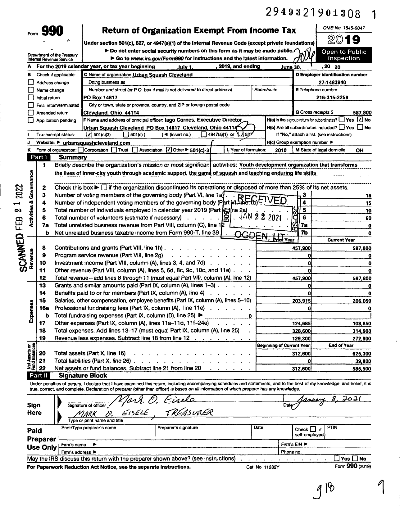 Image of first page of 2019 Form 990 for Urban Squash Cleveland