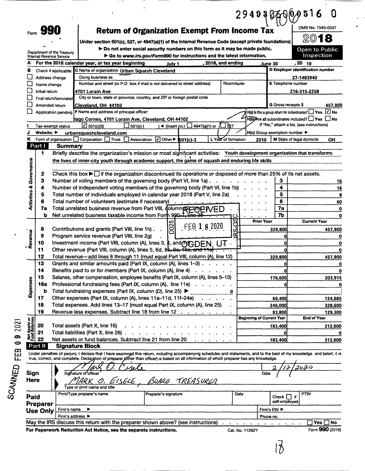 Image of first page of 2018 Form 990 for Urban Squash Cleveland