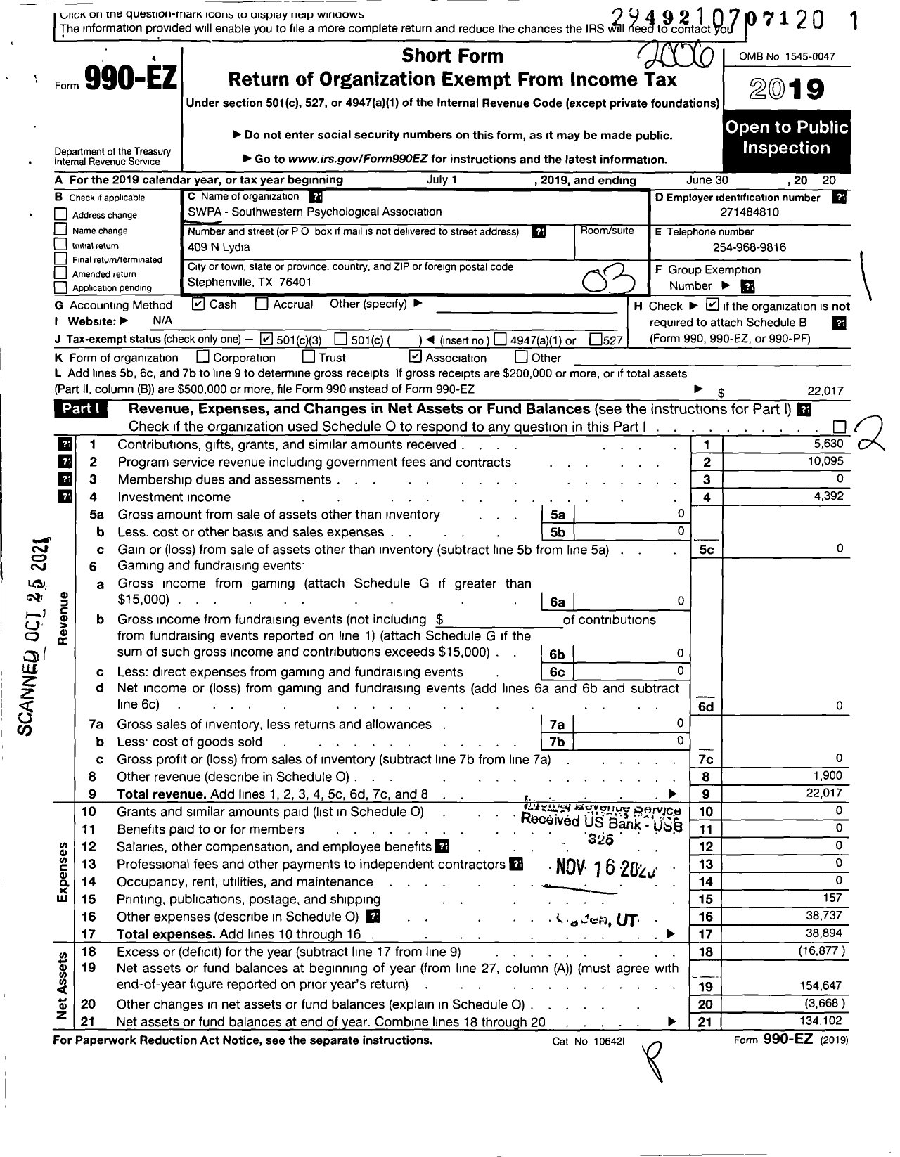 Image of first page of 2019 Form 990EZ for Swpa-Southwestern Psychological Association