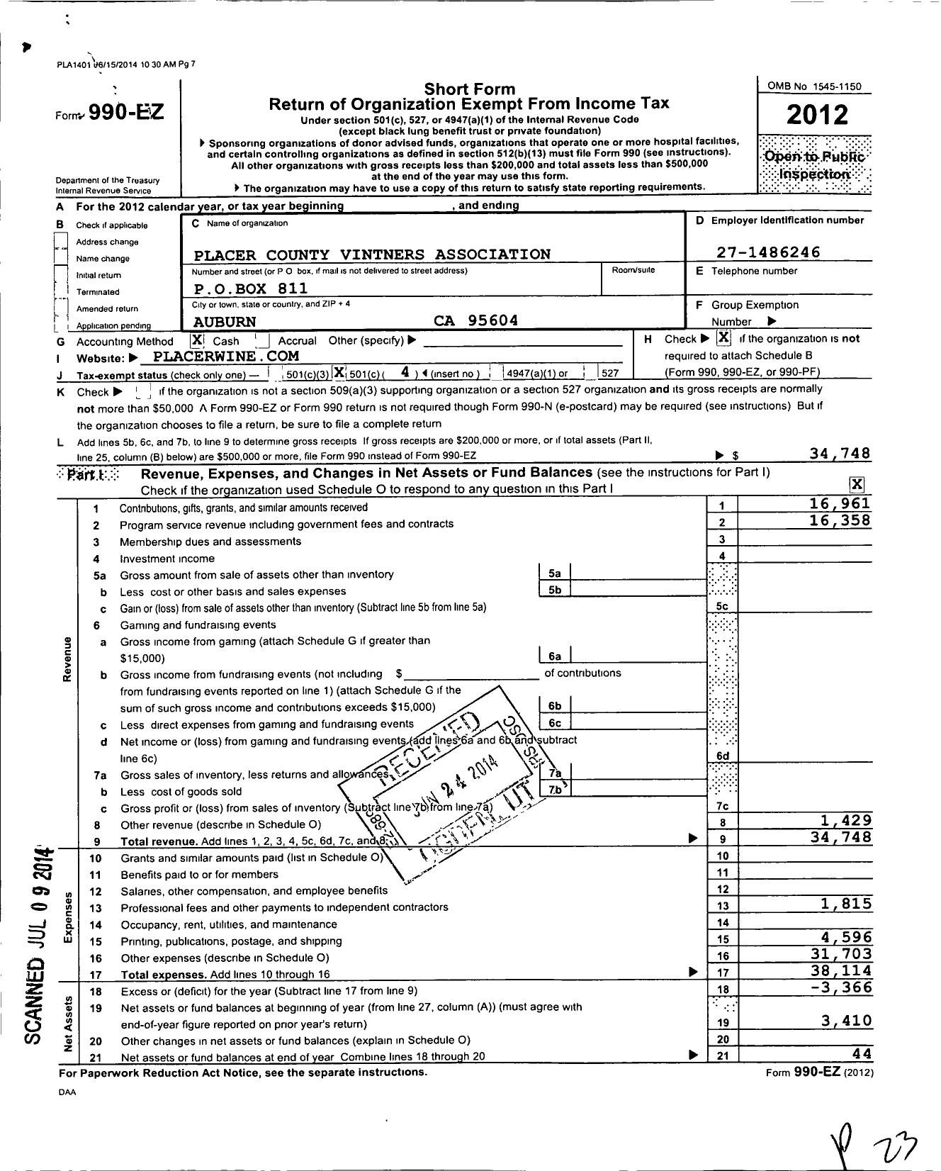 Image of first page of 2012 Form 990EO for Placer County Vintners Association