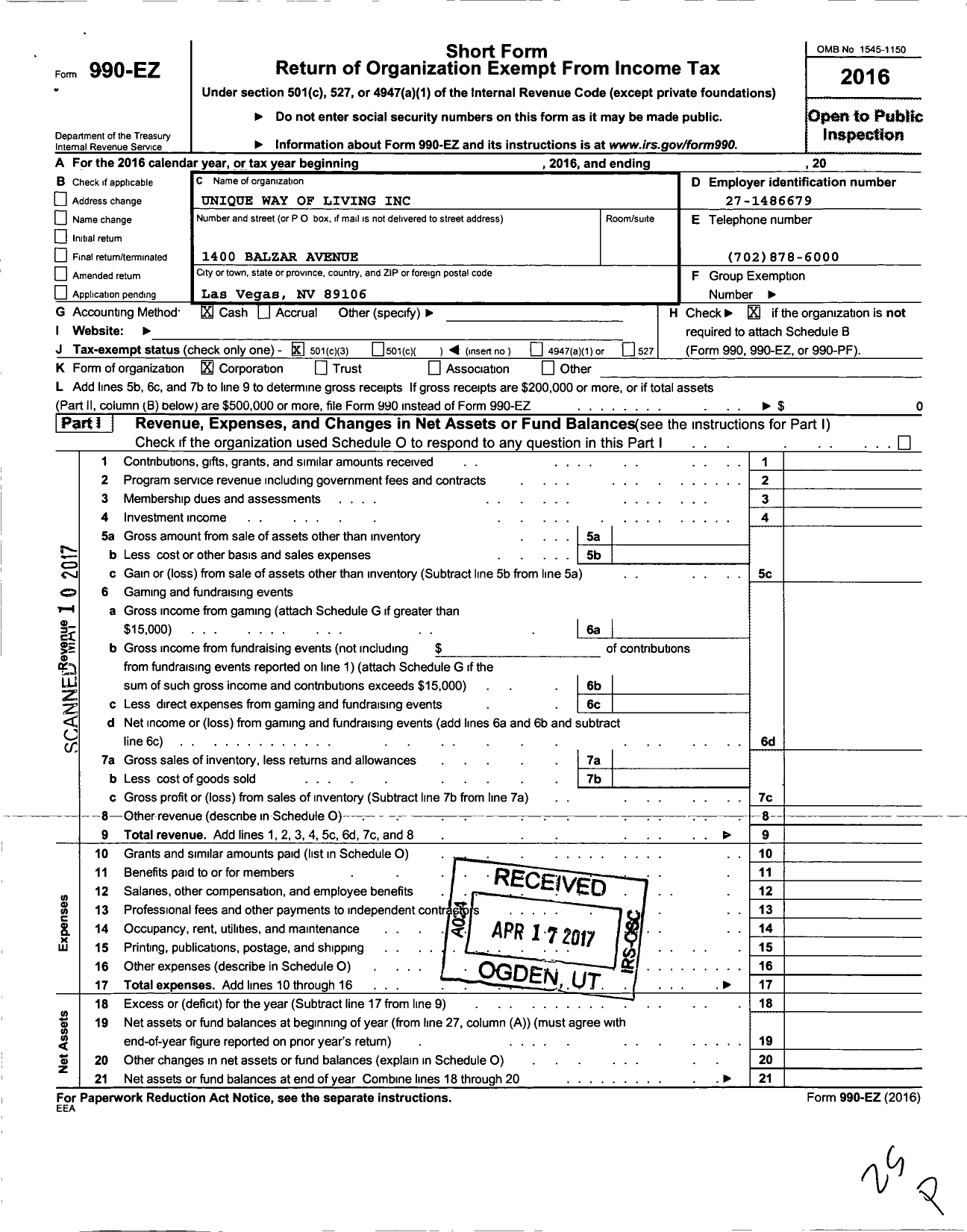 Image of first page of 2016 Form 990EZ for Unique Way of Living
