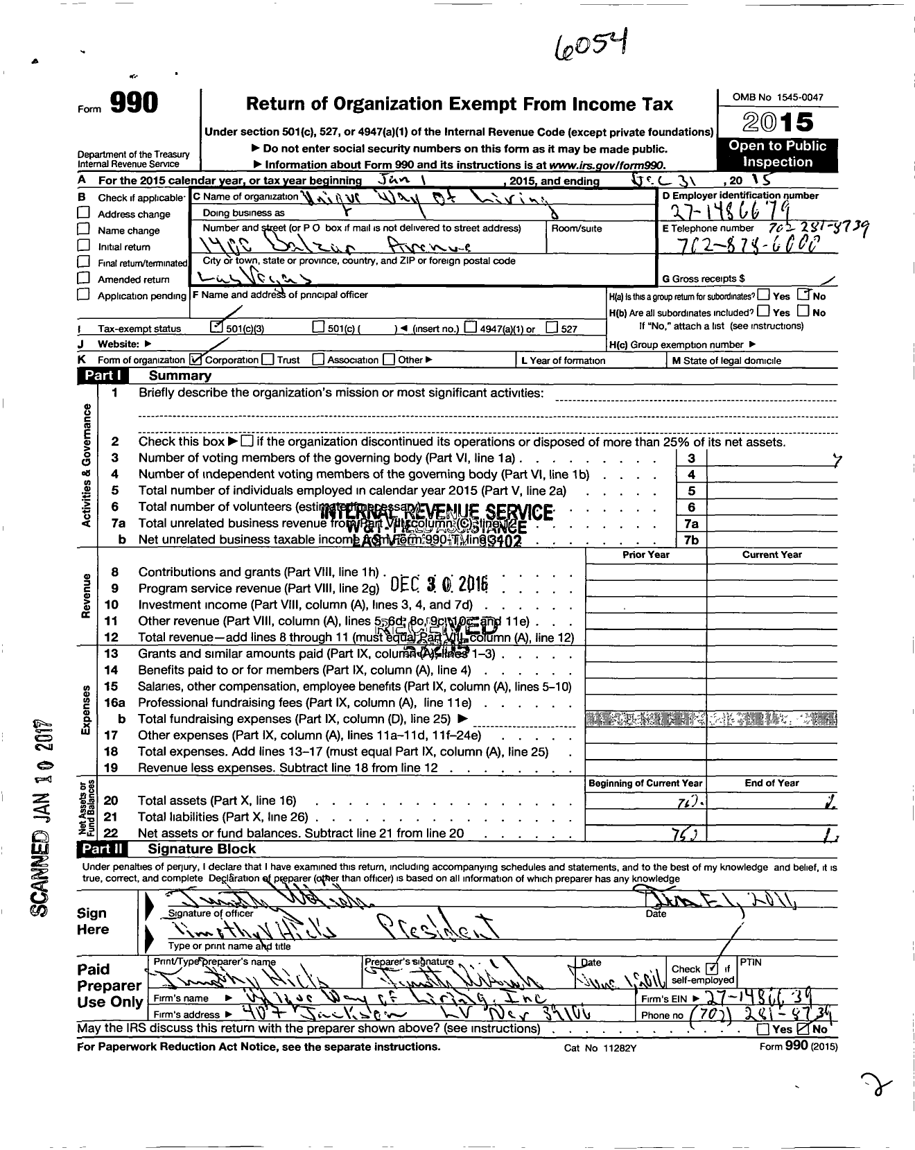 Image of first page of 2015 Form 990 for Unique Way of Living