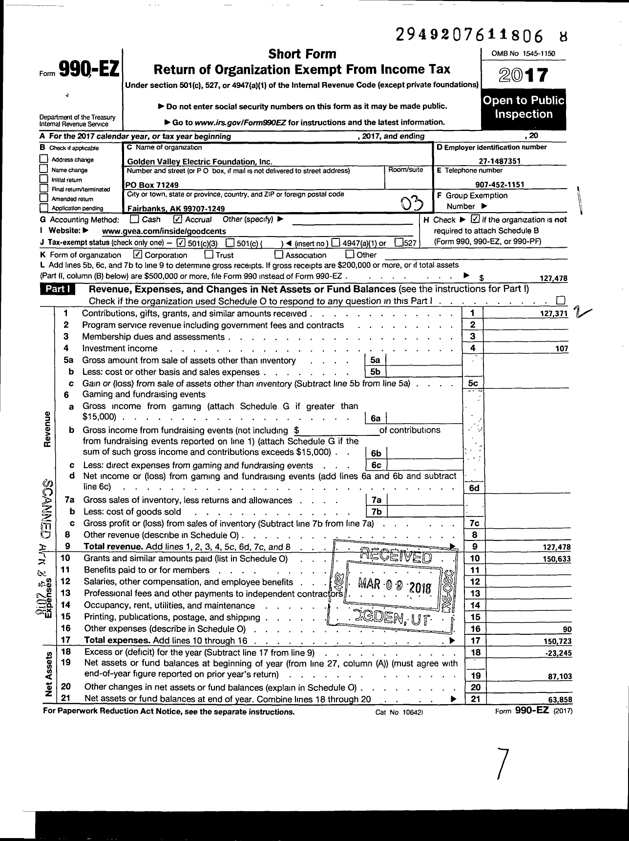 Image of first page of 2017 Form 990EZ for Golden Valley Electric Foundation