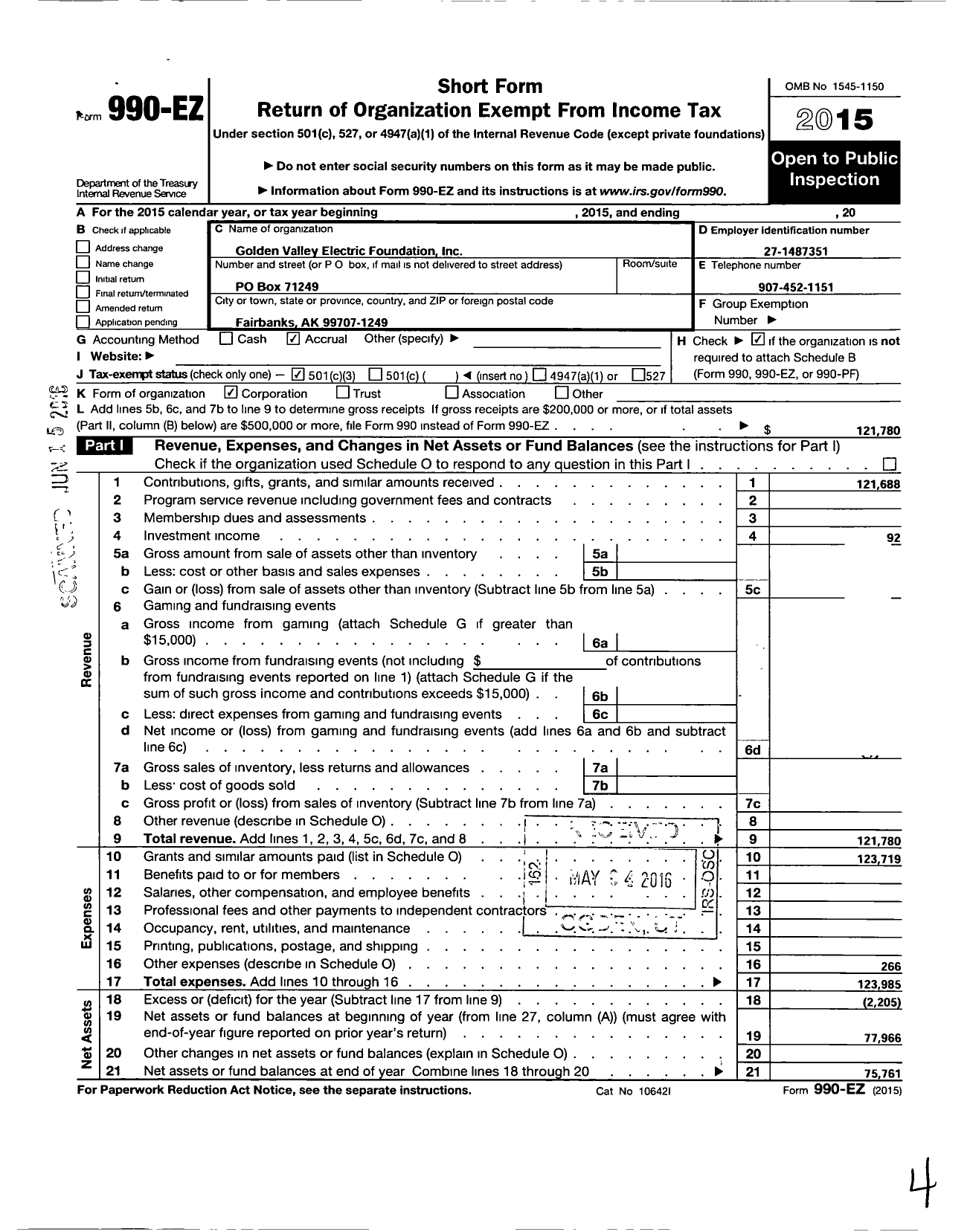 Image of first page of 2015 Form 990EZ for Golden Valley Electric Foundation