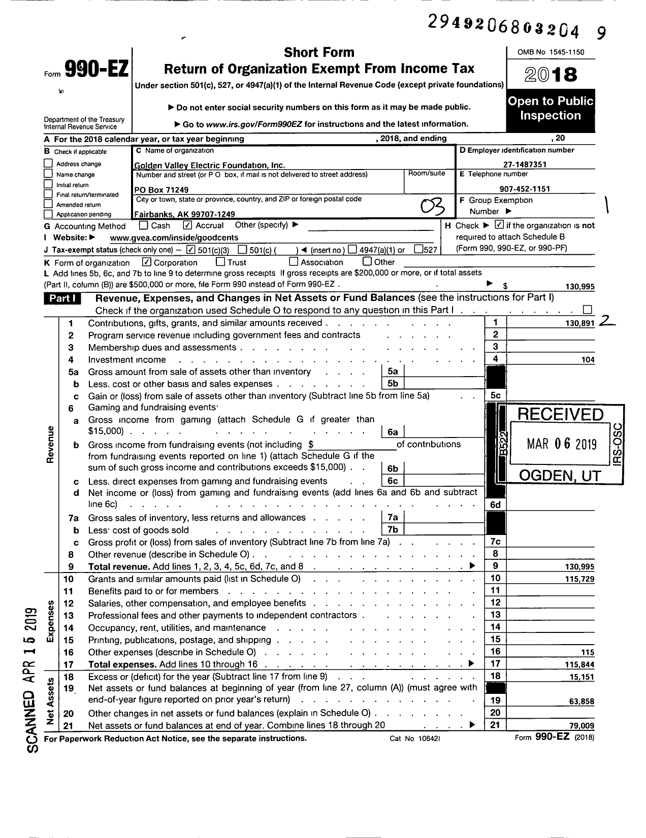 Image of first page of 2018 Form 990EZ for Golden Valley Electric Foundation