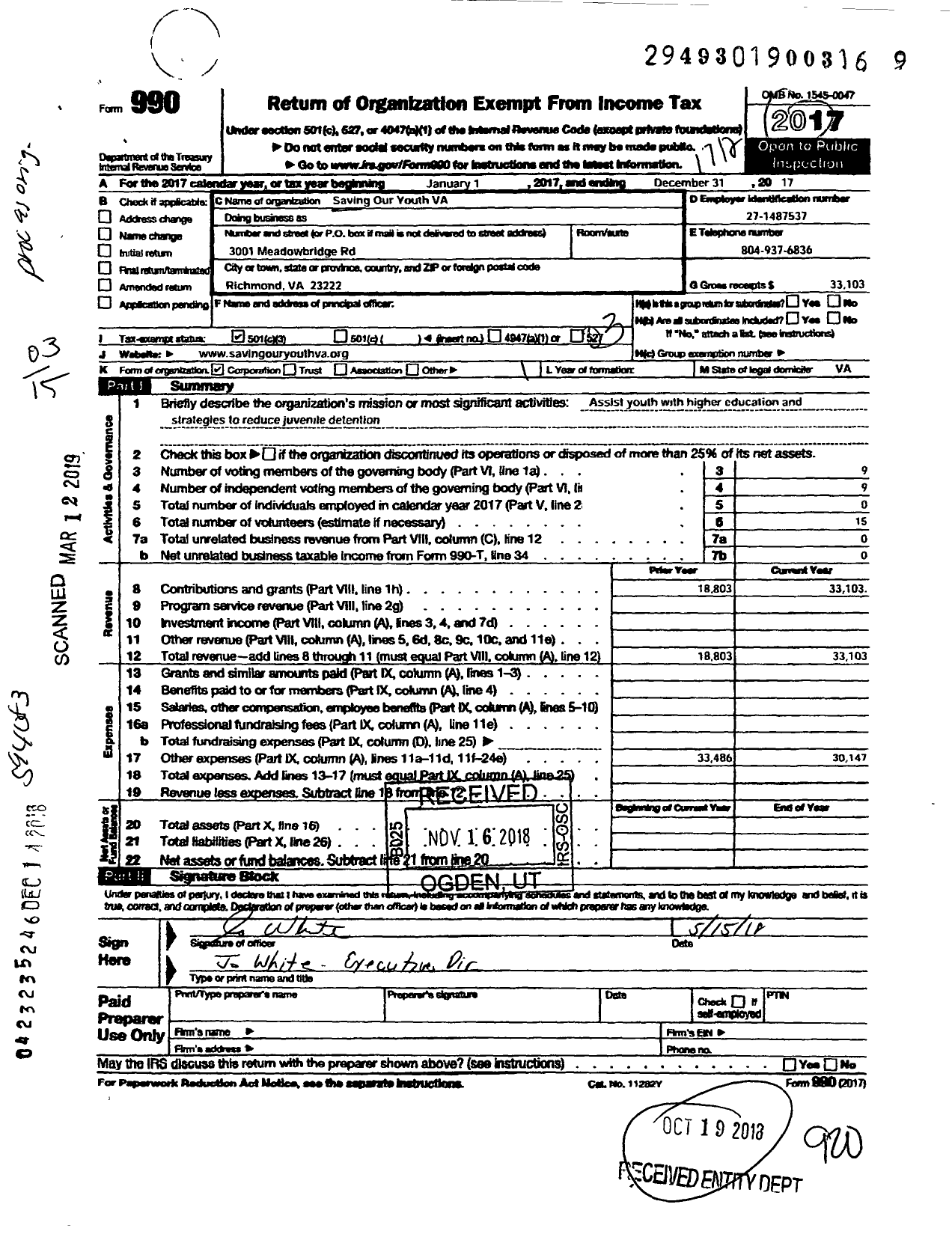 Image of first page of 2017 Form 990 for Saving Our Youth Virginia