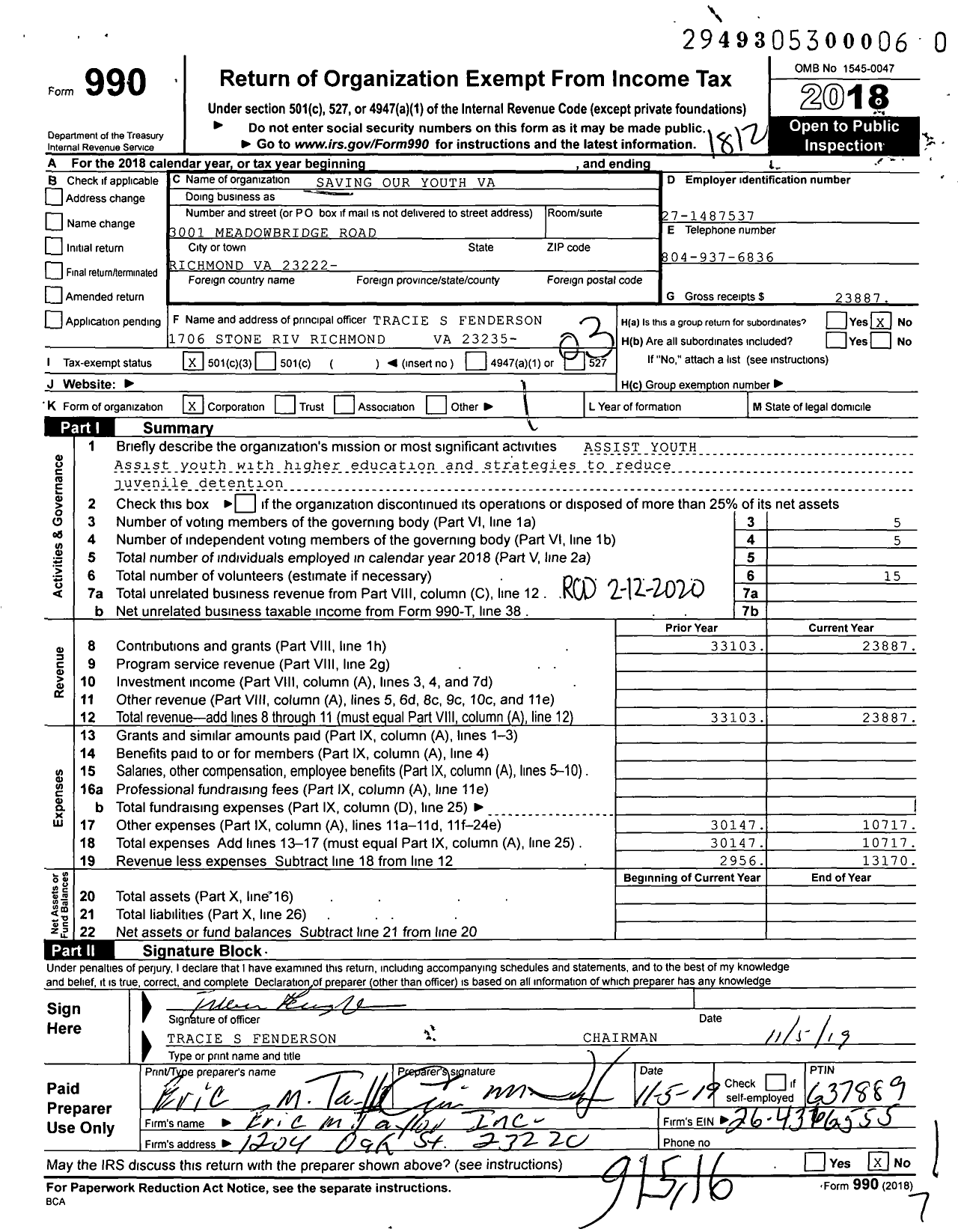 Image of first page of 2018 Form 990 for Saving Our Youth Virginia