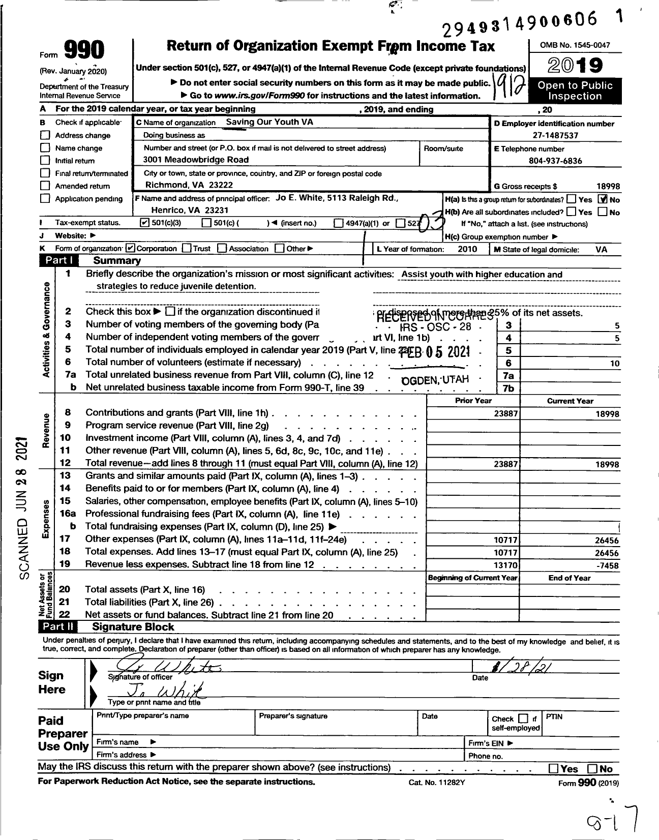 Image of first page of 2019 Form 990 for Saving Our Youth Virginia