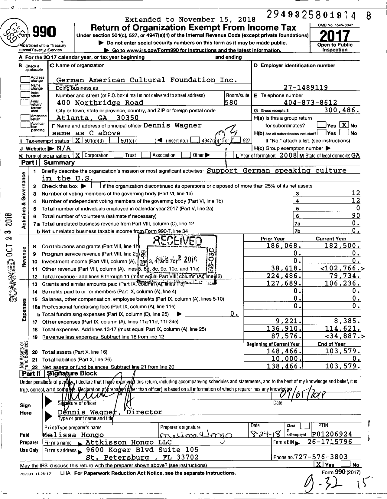 Image of first page of 2017 Form 990 for German American Cultural Foundation