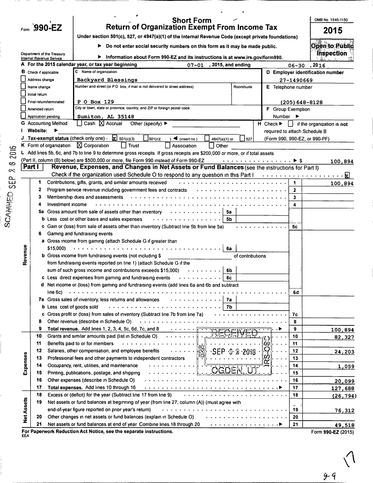 Image of first page of 2015 Form 990EZ for Backyard Blessings