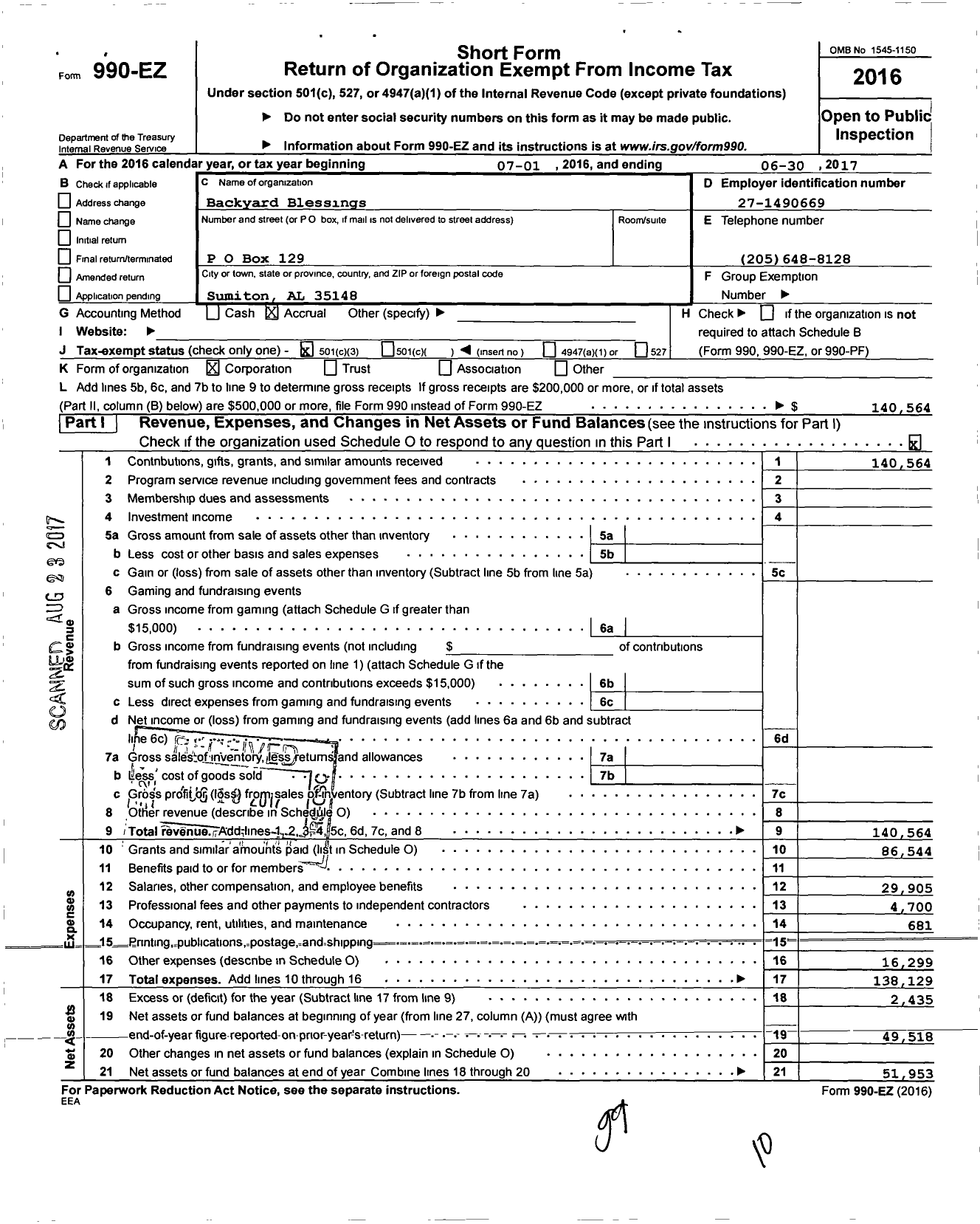 Image of first page of 2016 Form 990EZ for Backyard Blessings