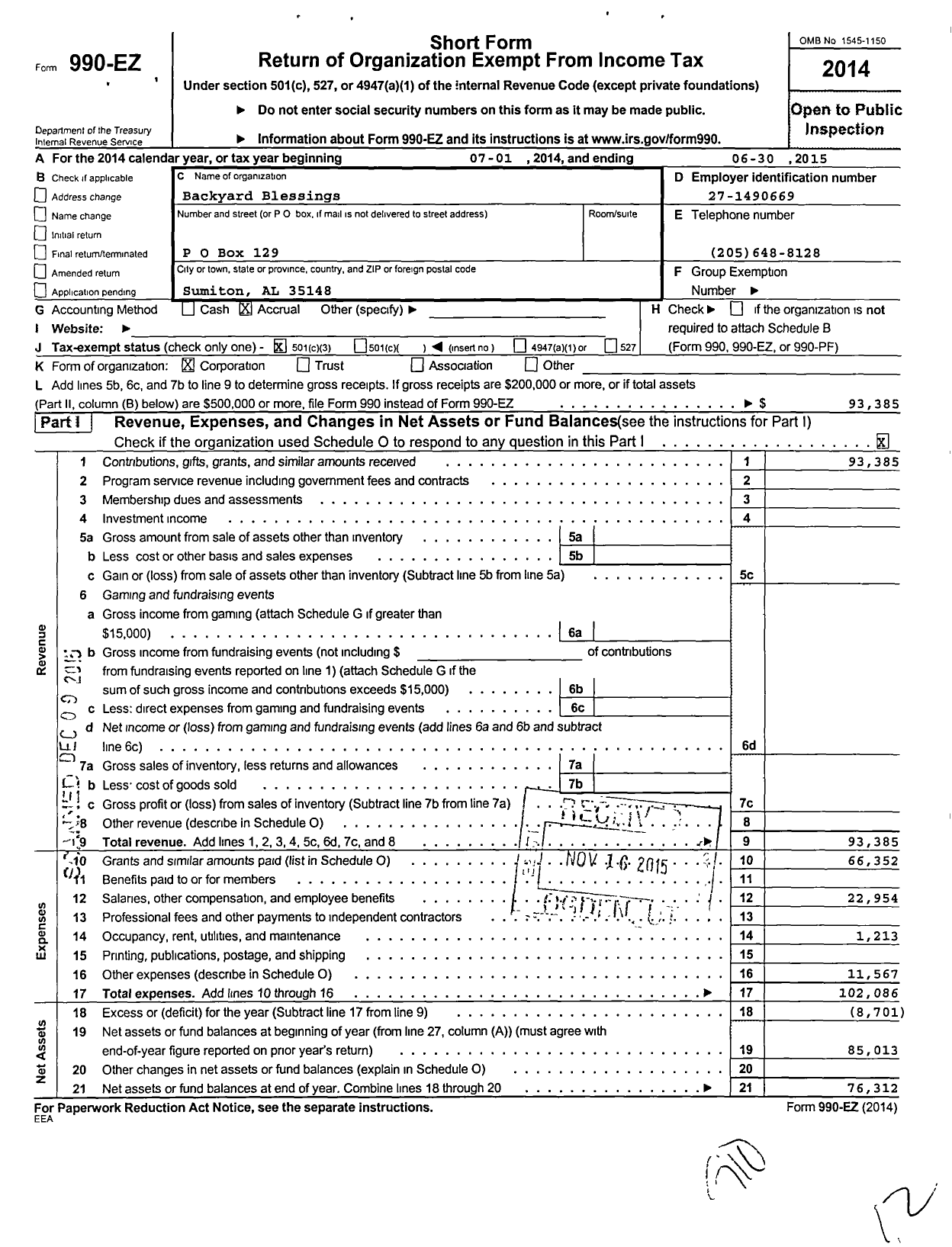 Image of first page of 2014 Form 990EZ for Backyard Blessings