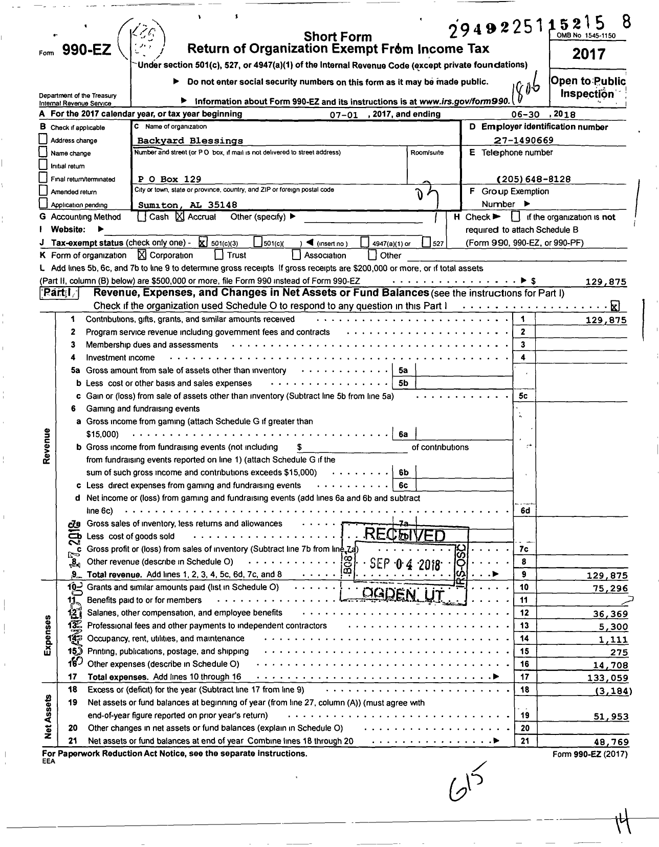 Image of first page of 2017 Form 990EZ for Backyard Blessings