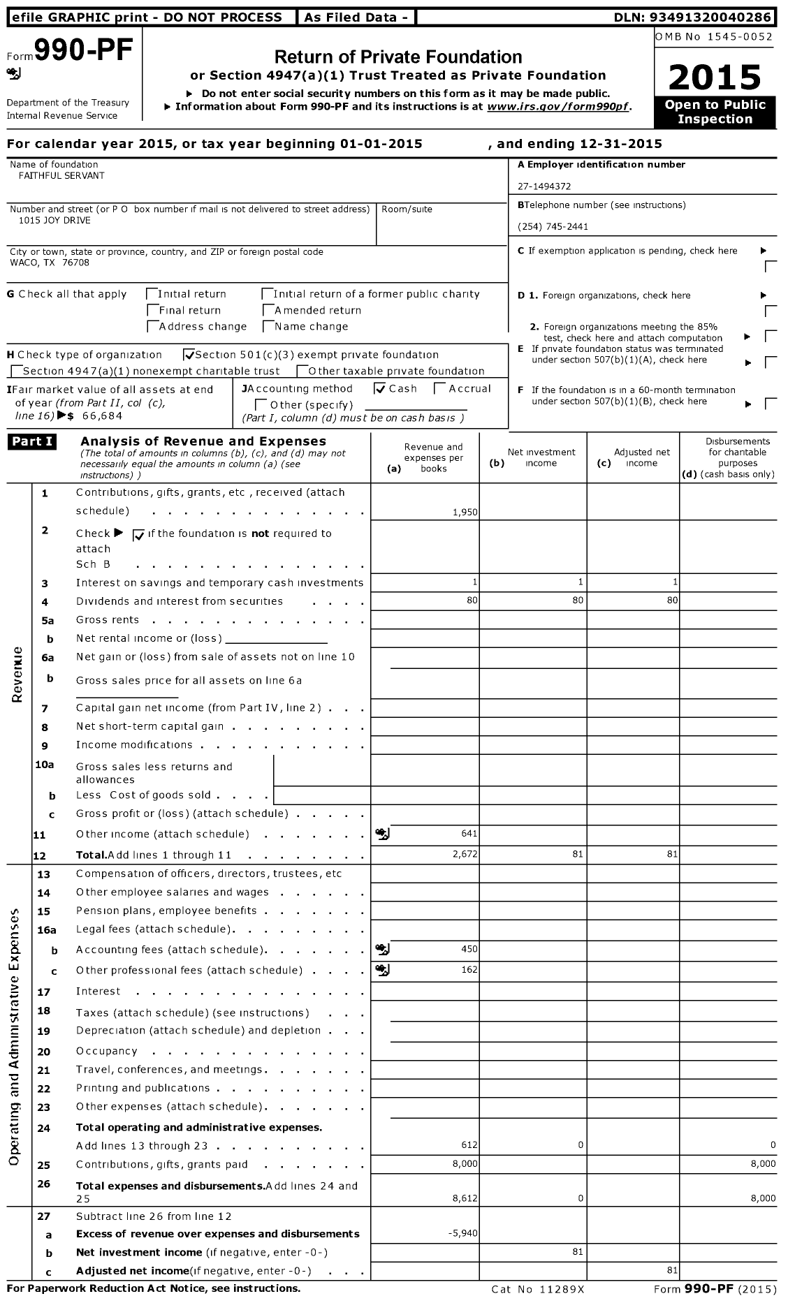 Image of first page of 2015 Form 990PF for Faithful Servant