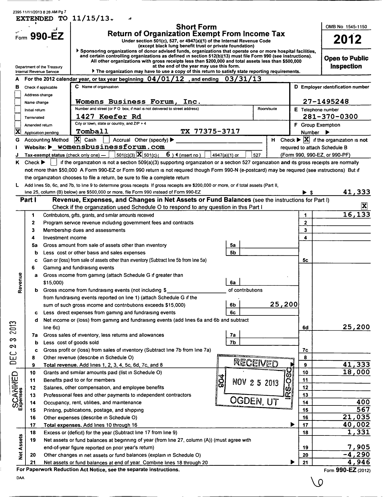 Image of first page of 2012 Form 990EO for Womens Business Forum
