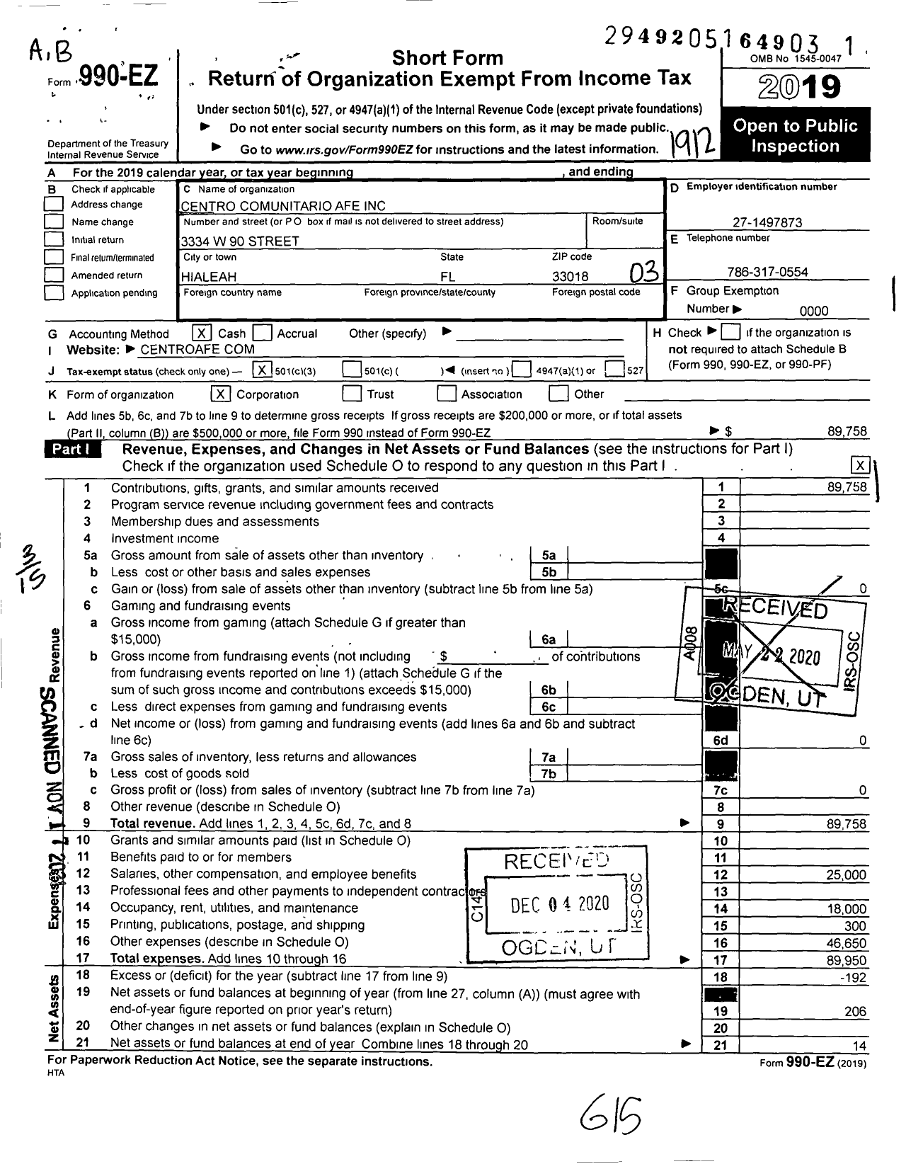 Image of first page of 2019 Form 990EZ for Centro Comunitario AFE