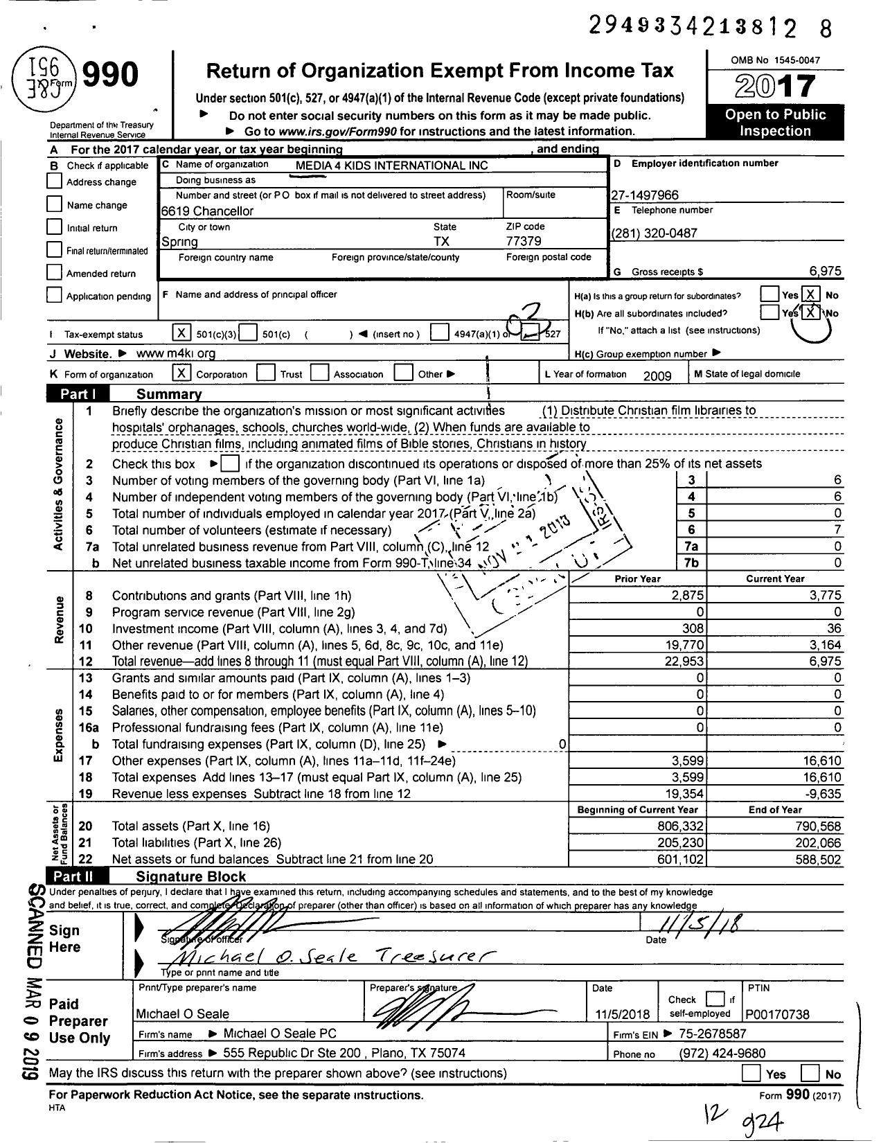 Image of first page of 2017 Form 990 for Media 4 Kids International