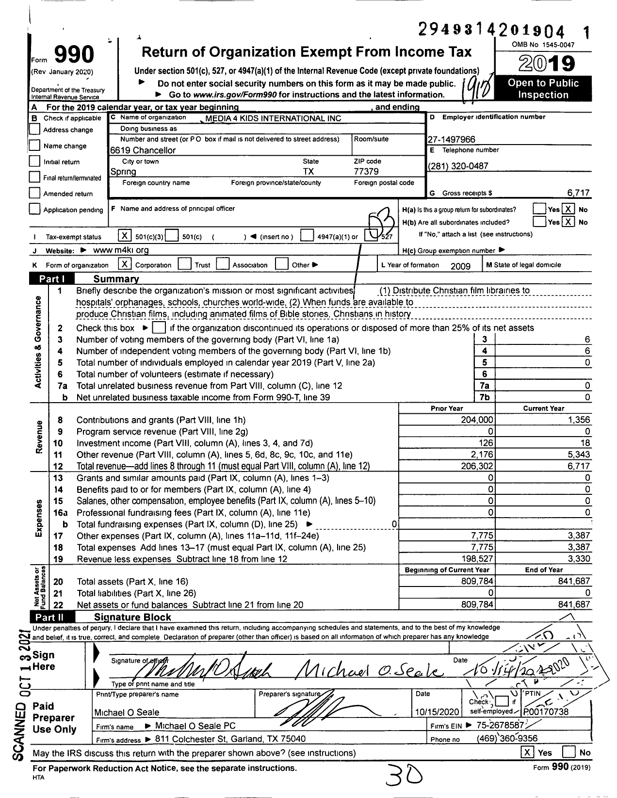 Image of first page of 2019 Form 990 for Media 4 Kids International