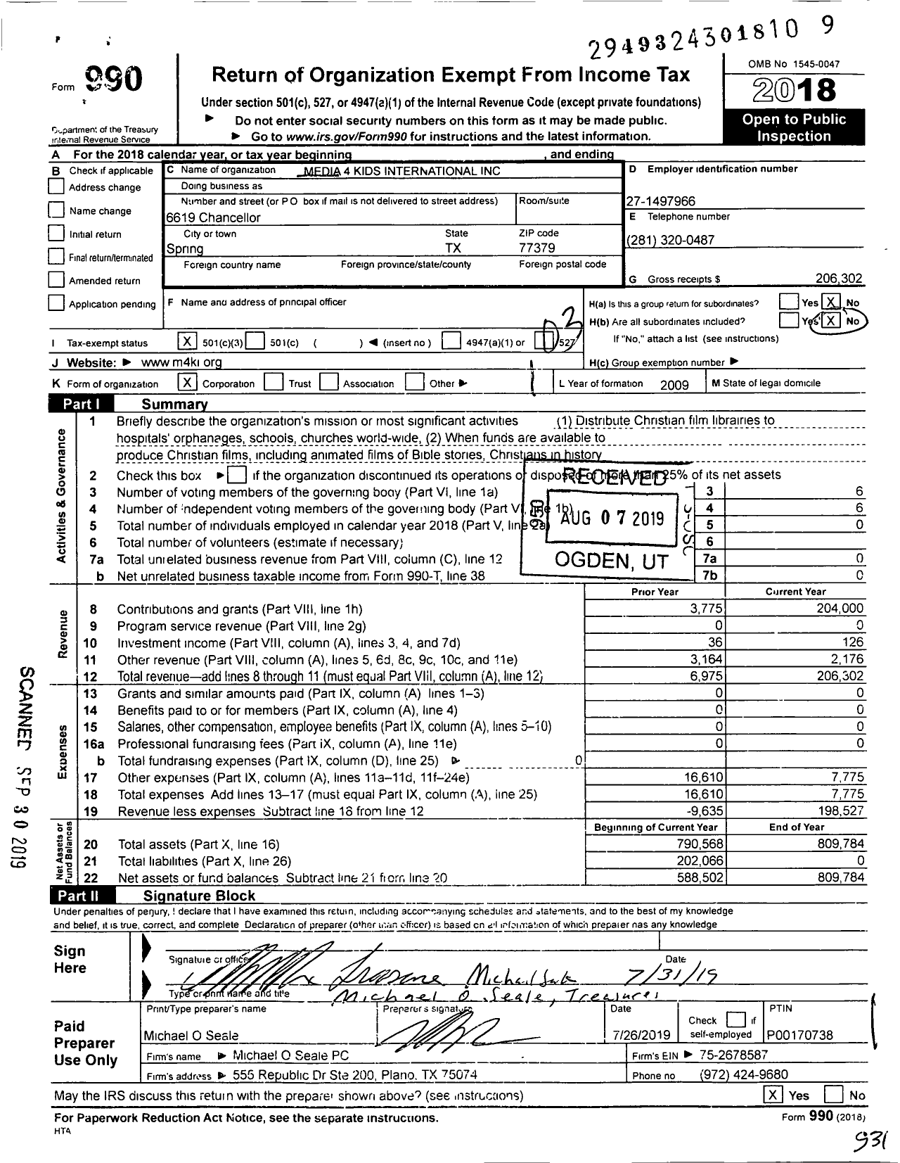 Image of first page of 2018 Form 990 for Media 4 Kids International