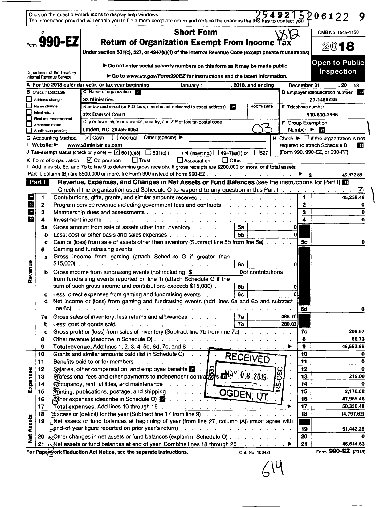 Image of first page of 2018 Form 990EZ for S3 Ministries