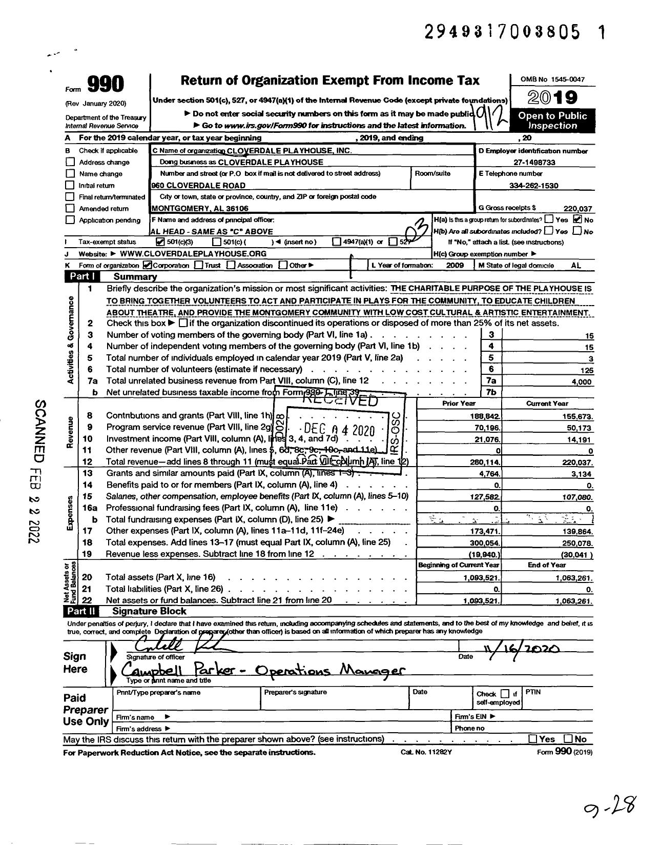 Image of first page of 2019 Form 990 for Cloverdale Playhouse