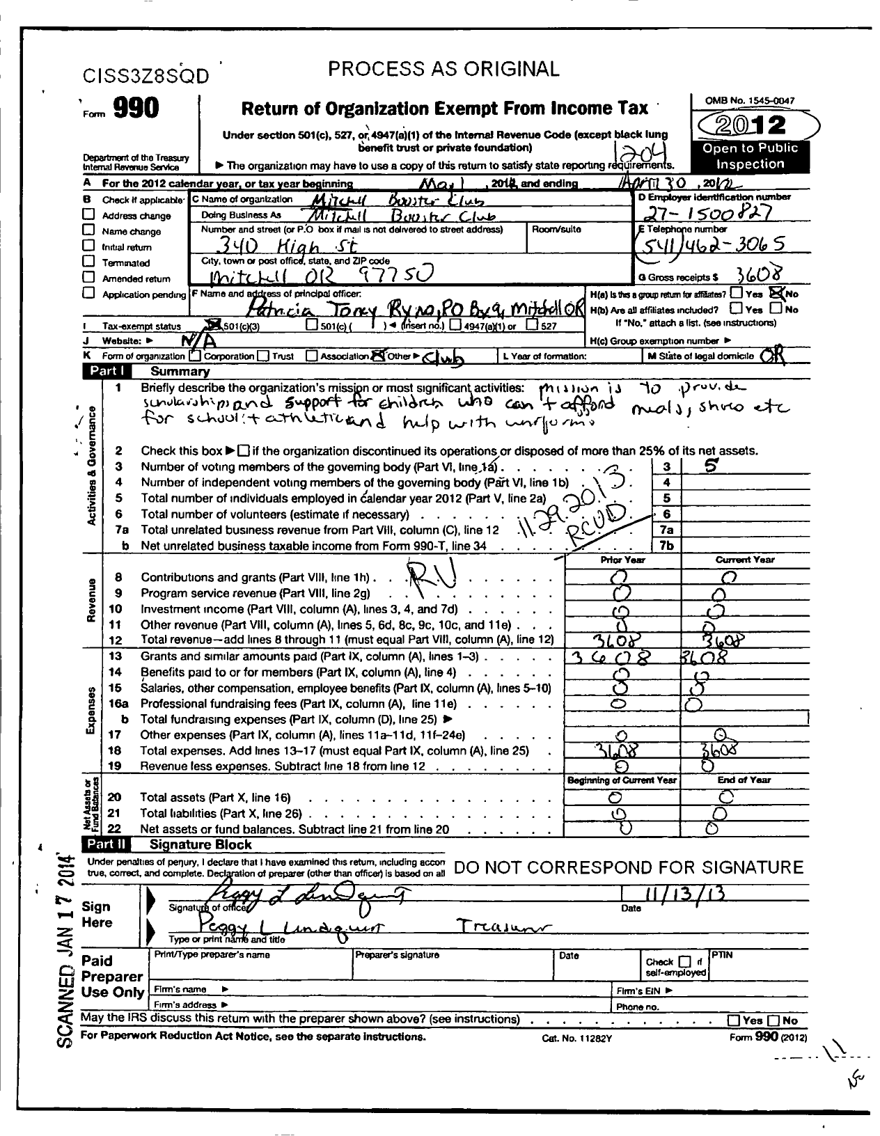 Image of first page of 2011 Form 990 for Mitchell Booster Club