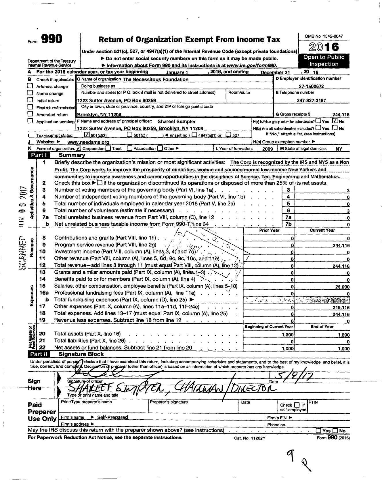 Image of first page of 2016 Form 990 for Necessitous Foundation