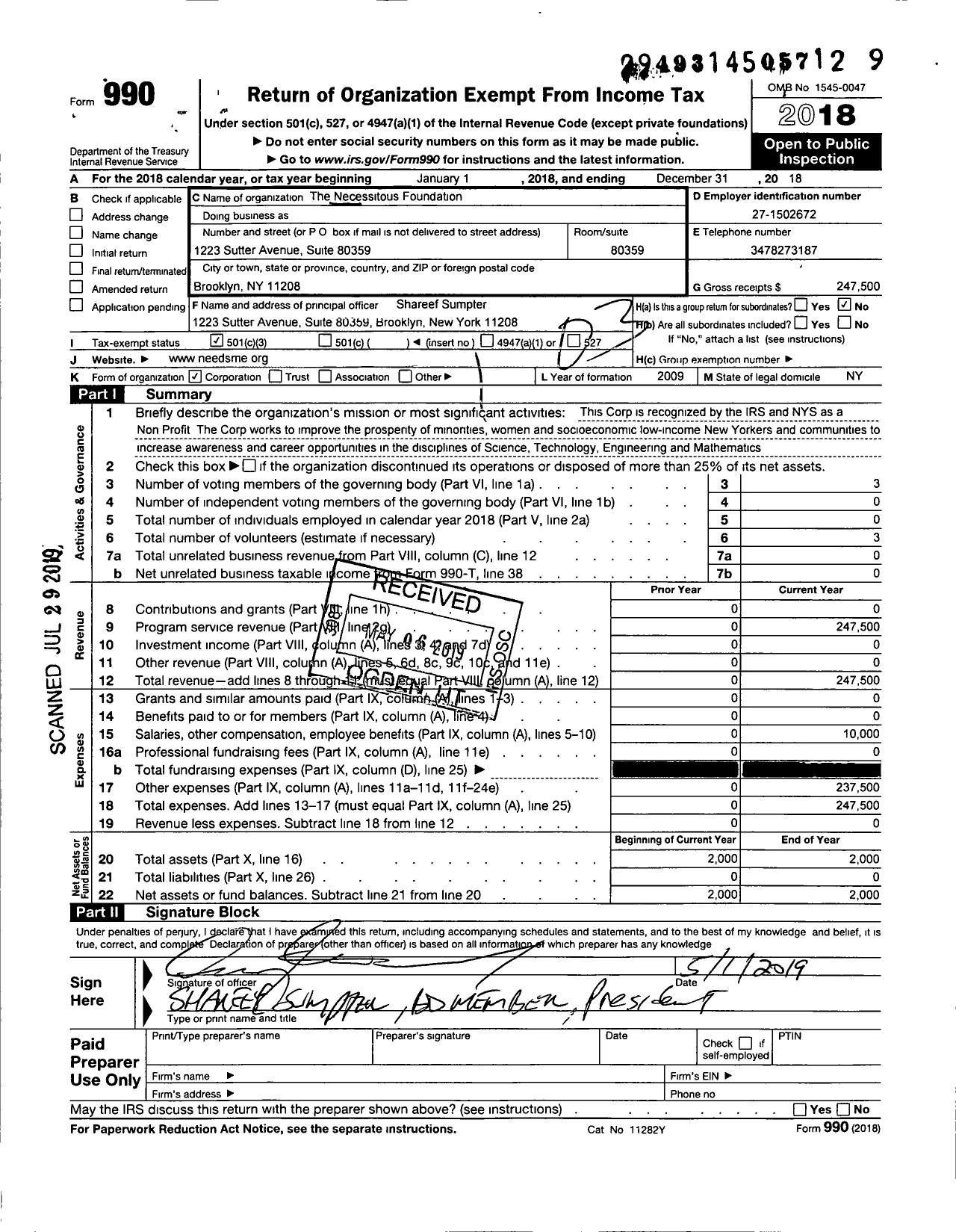 Image of first page of 2018 Form 990 for Necessitous Foundation