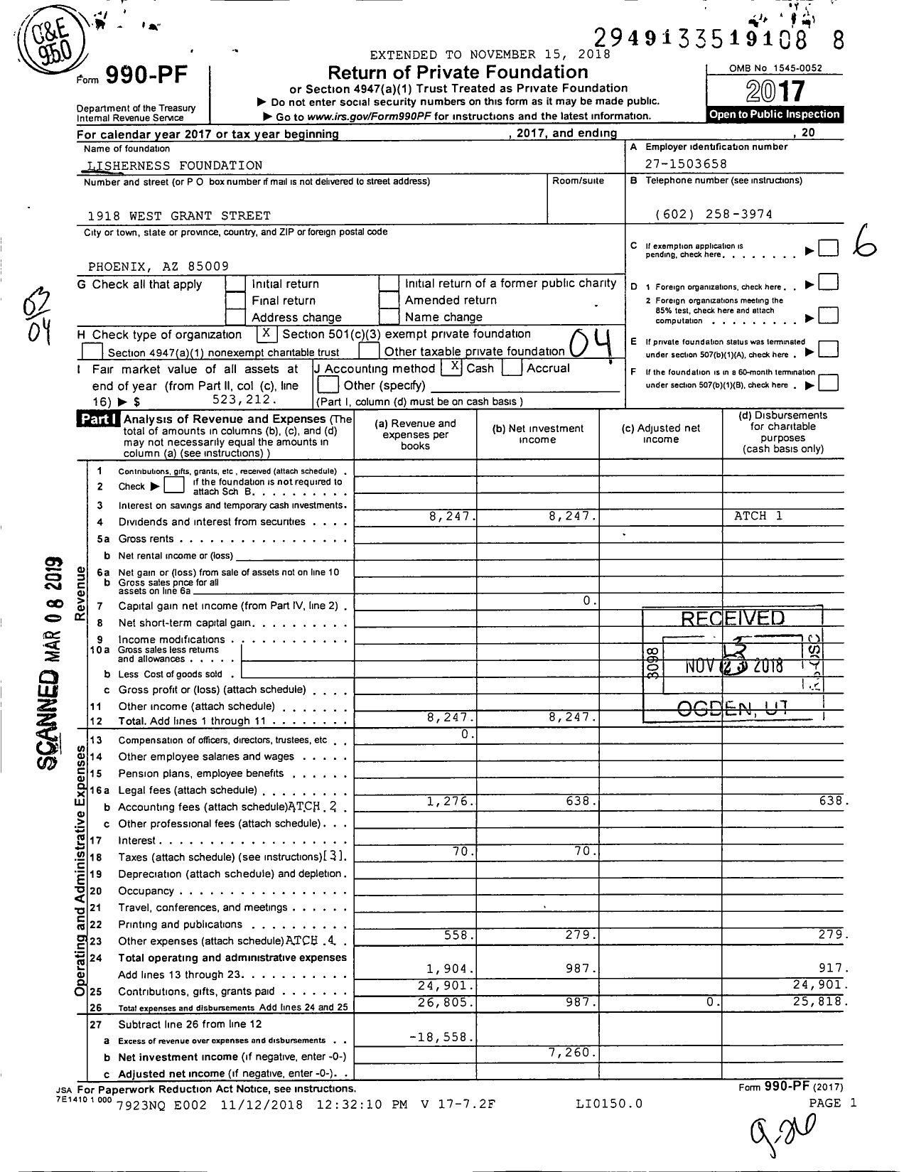 Image of first page of 2017 Form 990PF for Lisherness Foundation