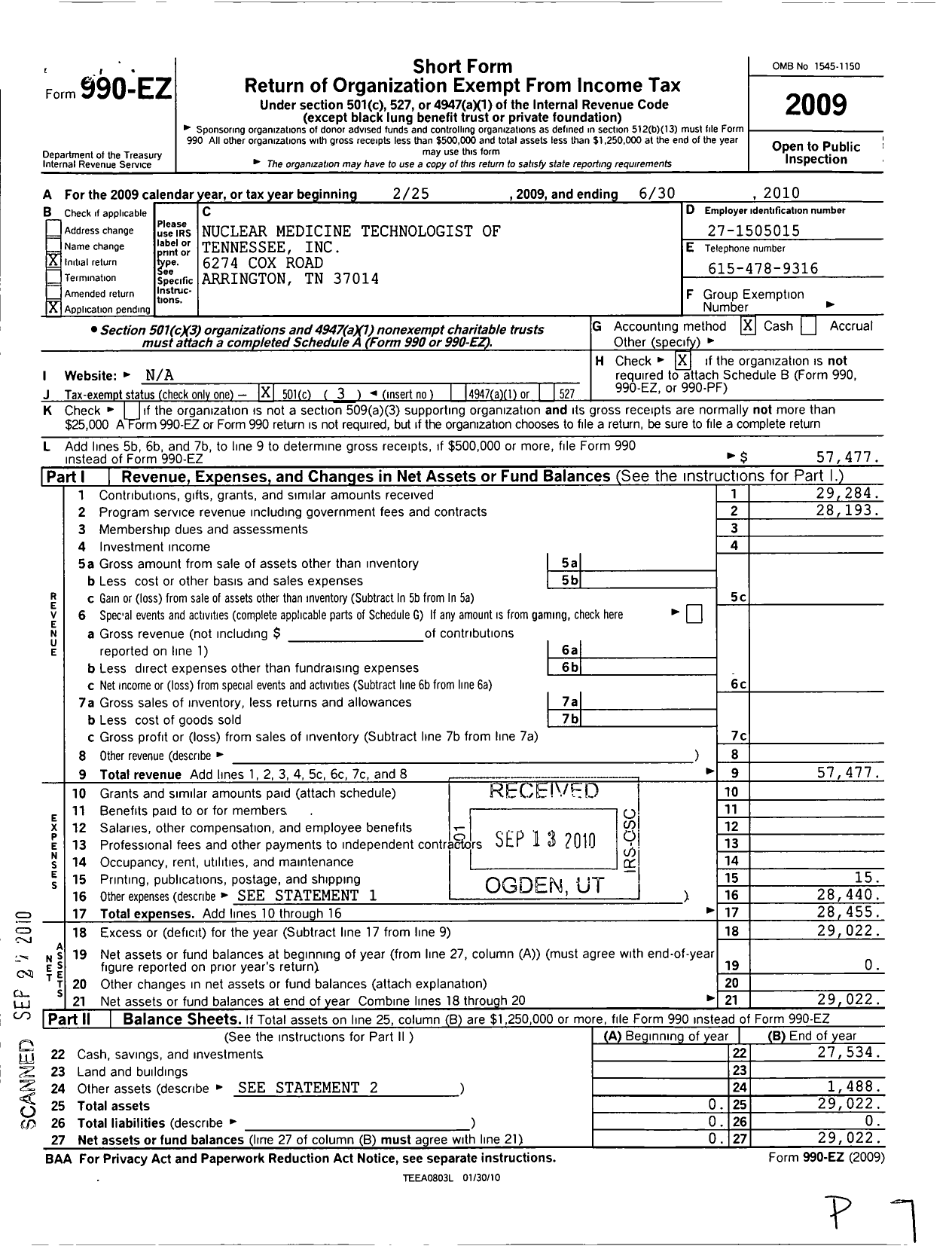 Image of first page of 2009 Form 990EZ for Nuclear Medicine Technologist of Tennessee