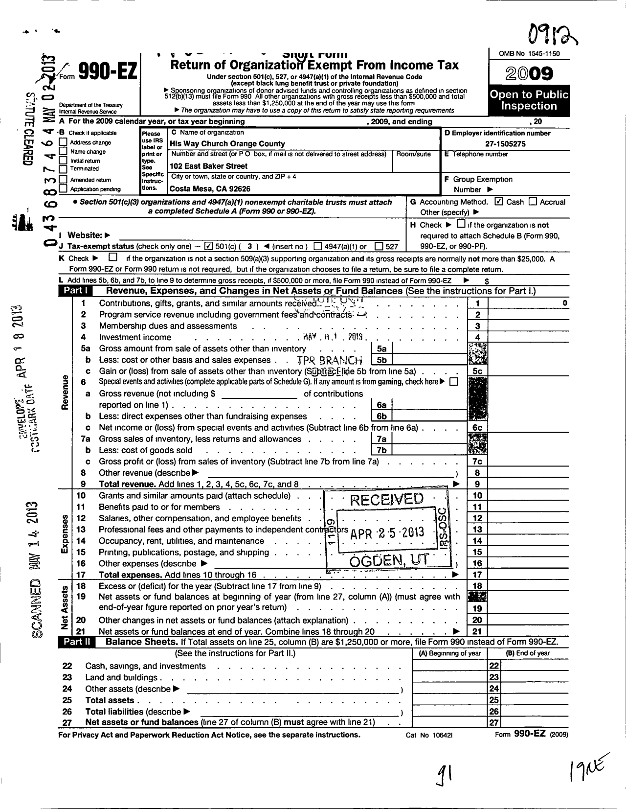 Image of first page of 2009 Form 990EZ for His Way Church Orange County