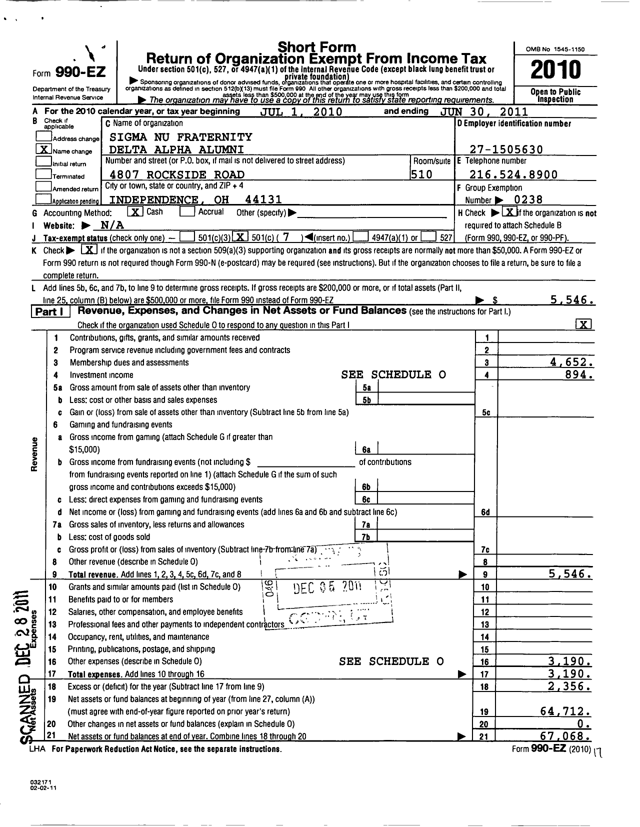 Image of first page of 2010 Form 990EO for Sigma Nu Fraternity - Delta Alpha Alumni