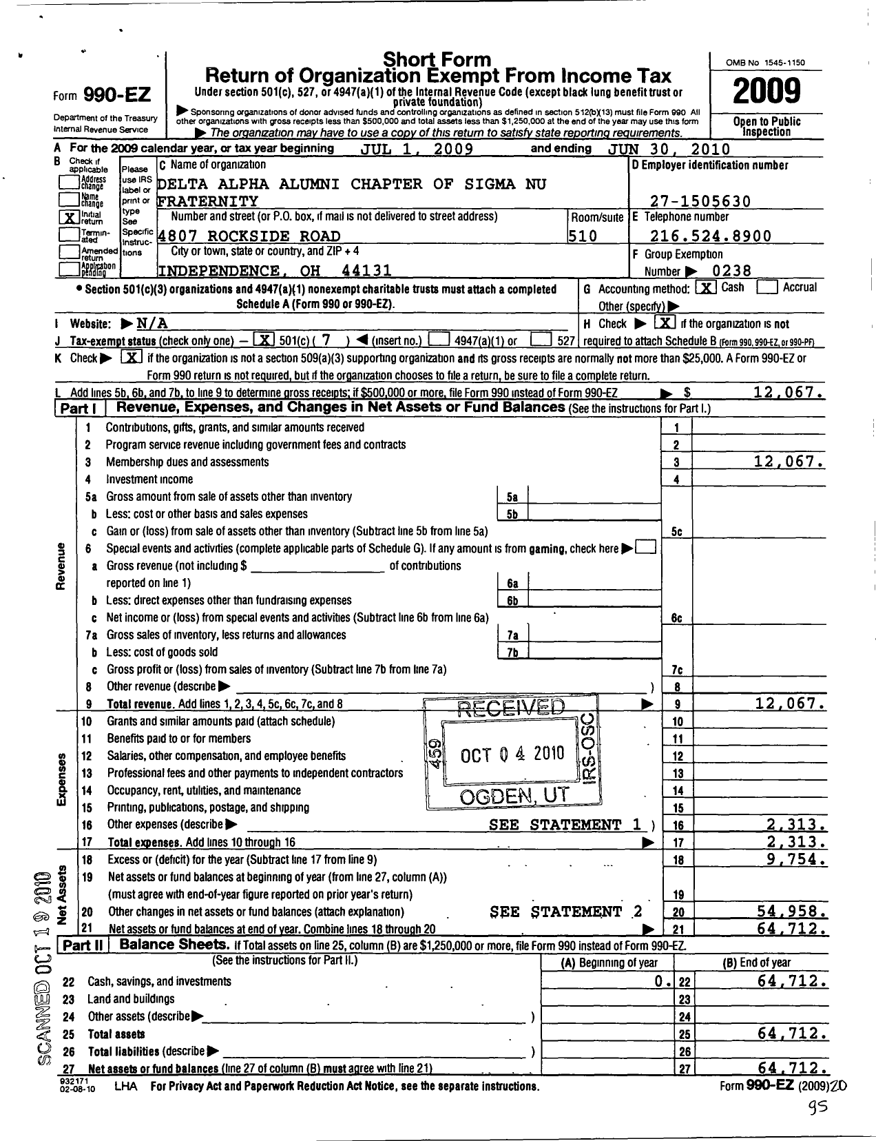 Image of first page of 2009 Form 990EO for Sigma Nu Fraternity - Delta Alpha Alumni