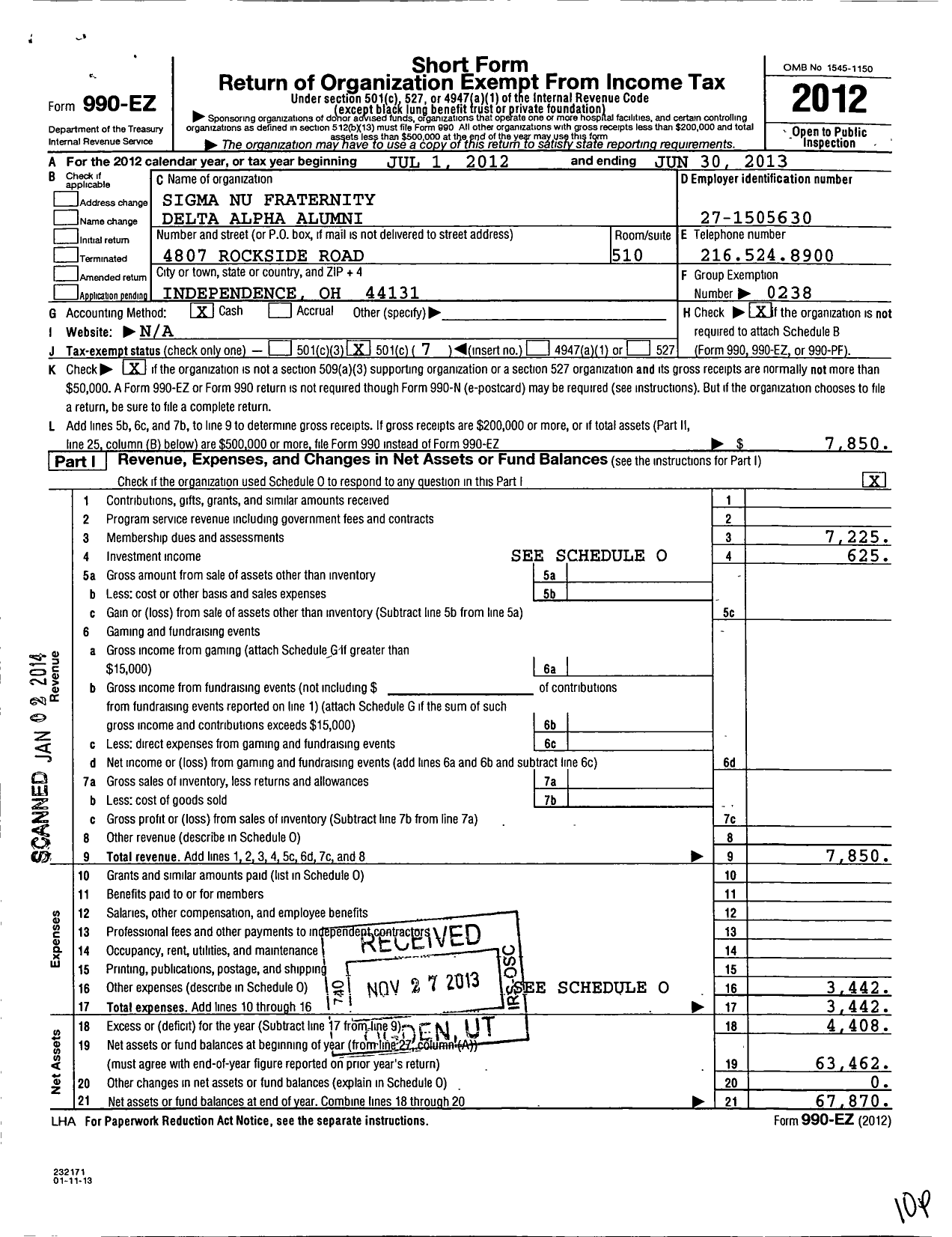 Image of first page of 2012 Form 990EO for Sigma Nu Fraternity - Delta Alpha Alumni