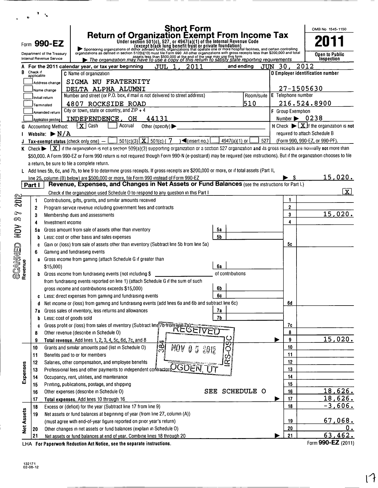 Image of first page of 2011 Form 990EO for Sigma Nu Fraternity - Delta Alpha Alumni