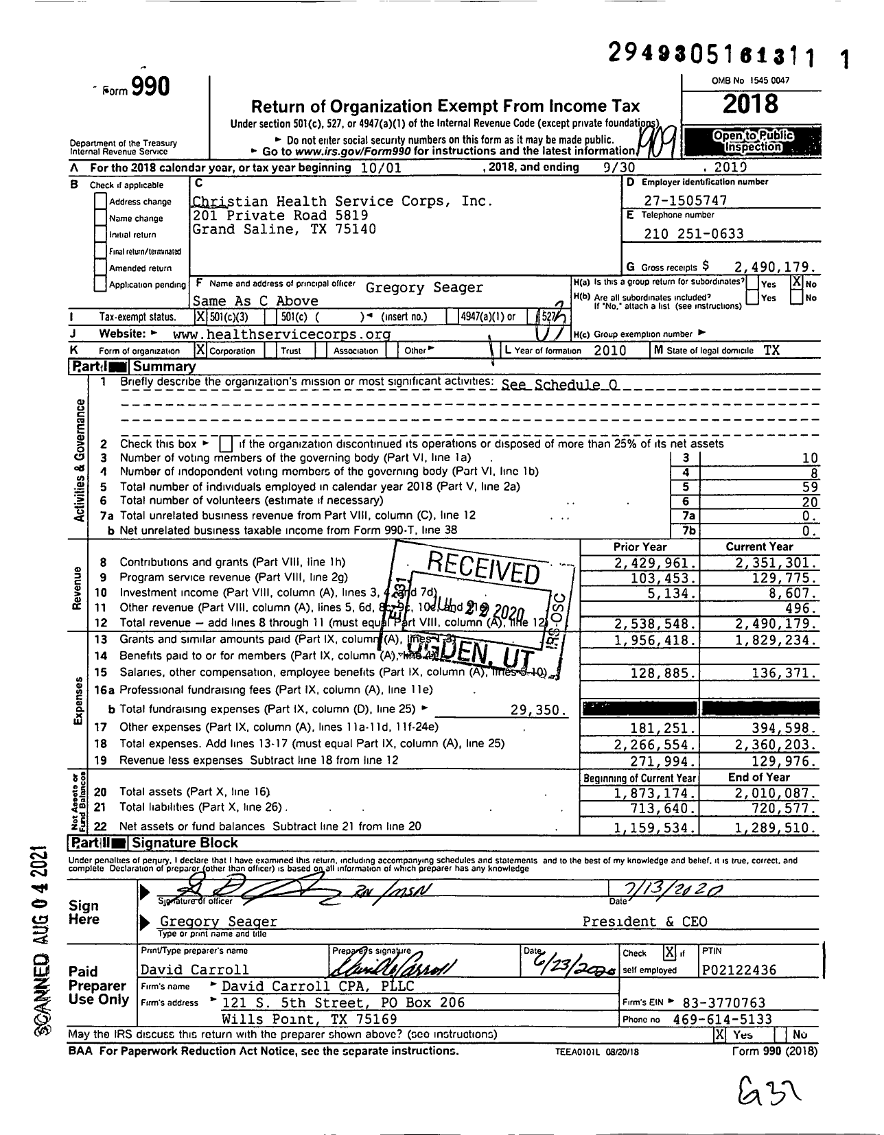 Image of first page of 2018 Form 990 for Christian Health Service Corps