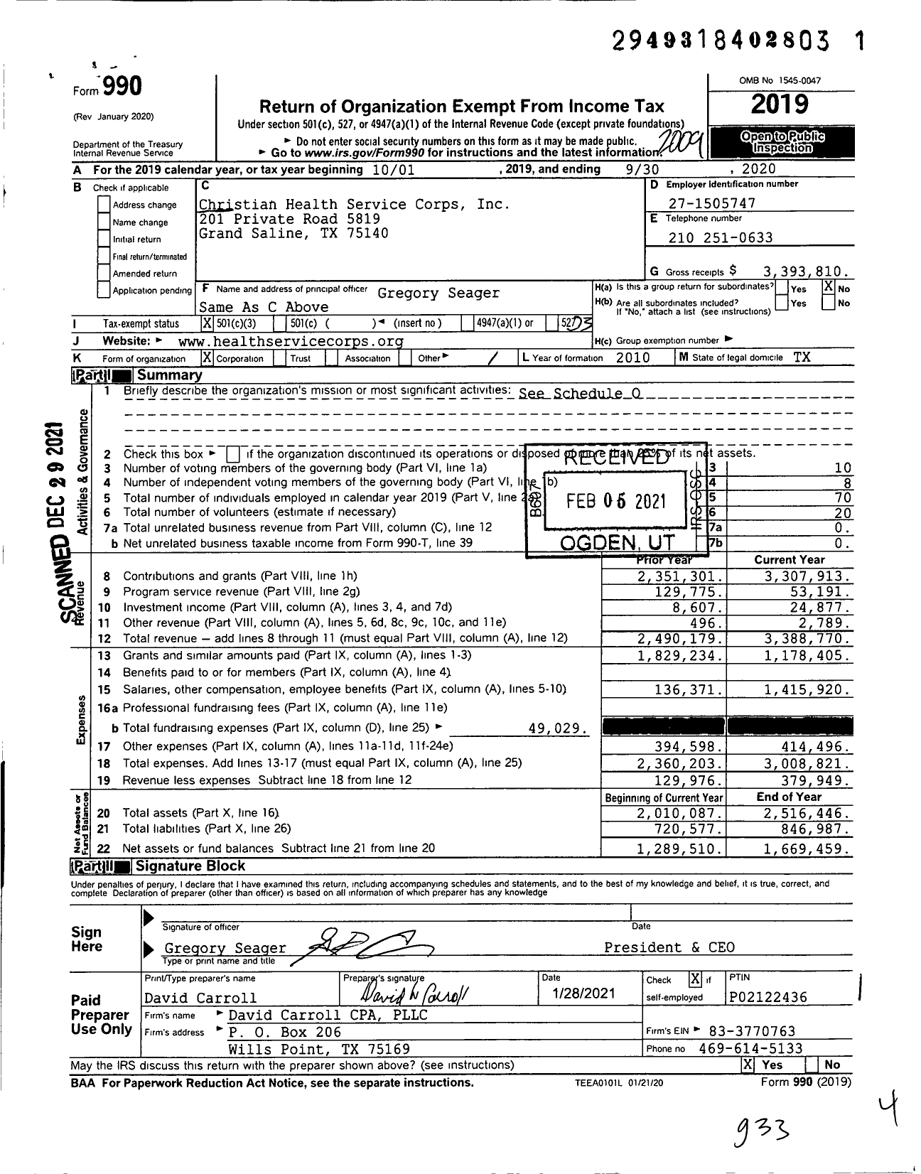 Image of first page of 2019 Form 990 for Christian Health Service Corps