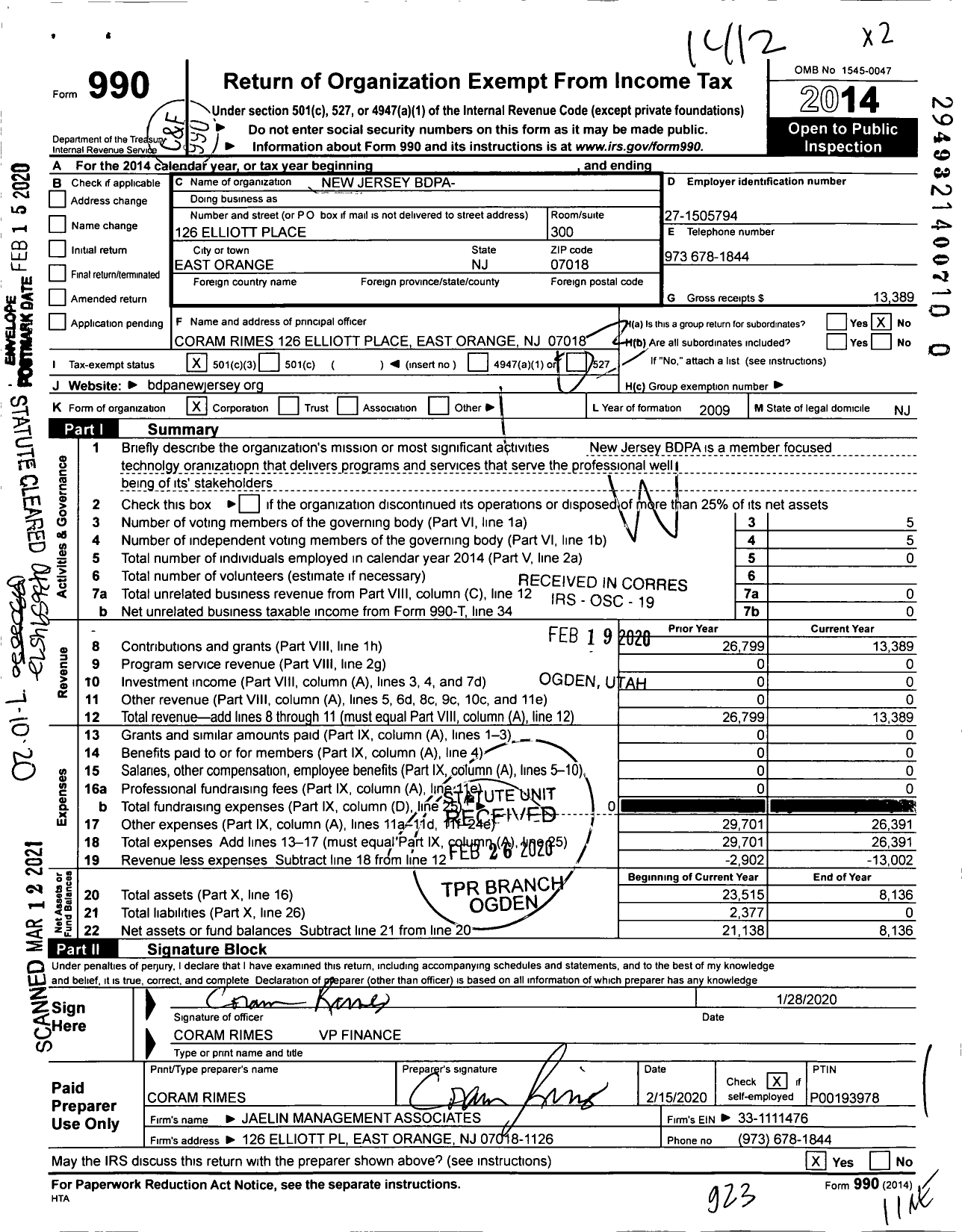 Image of first page of 2014 Form 990 for New Jersey Bdpa