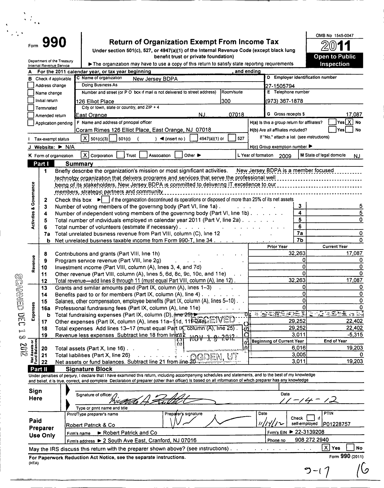 Image of first page of 2011 Form 990 for New Jersey Bdpa